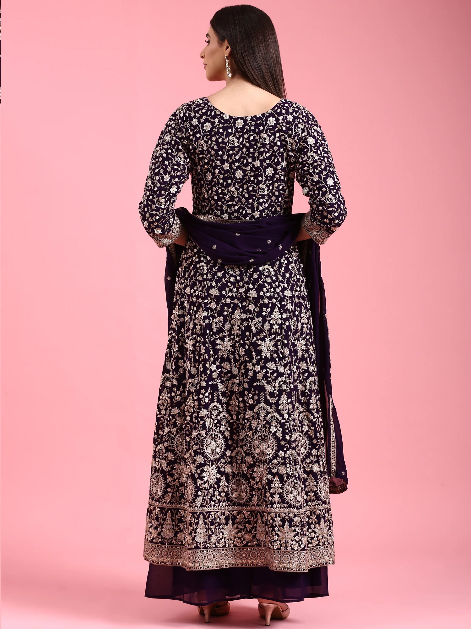 Purple Georgette Embroidered Kali With Palazzo - Image 3