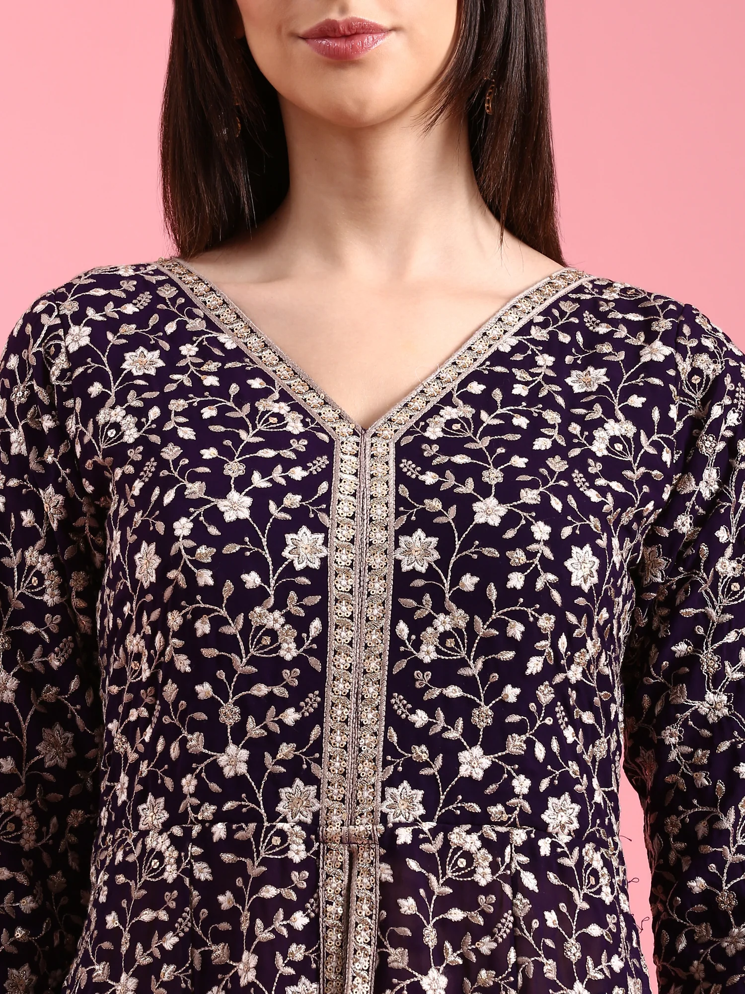 Purple Georgette Embroidered Kali With Palazzo - Image 4