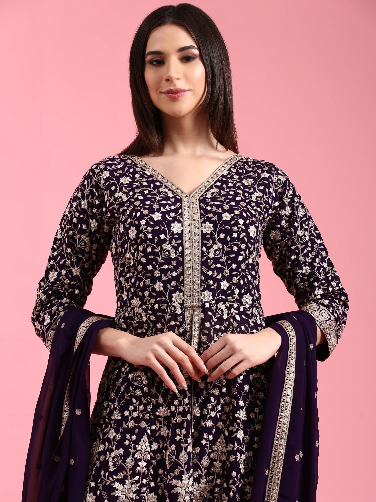 Purple Georgette Embroidered Kali With Palazzo - Image 5