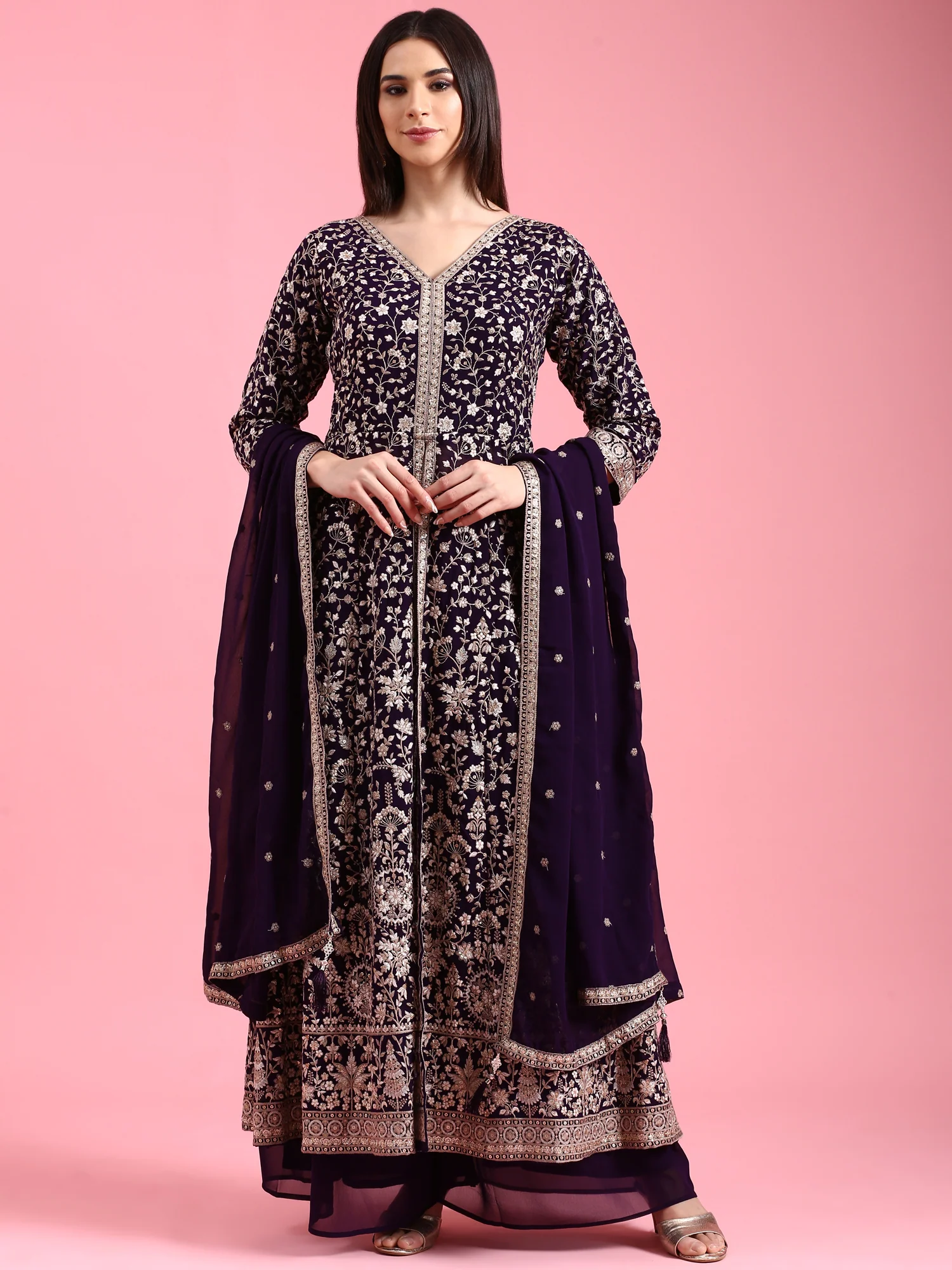 Purple Georgette Embroidered Kali With Palazzo - Image 6
