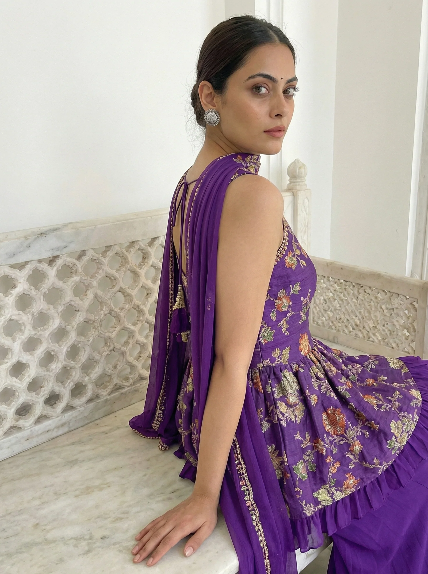 Purple Georgette Floral Embroidered Kurti And Palazoo Set - Image 3