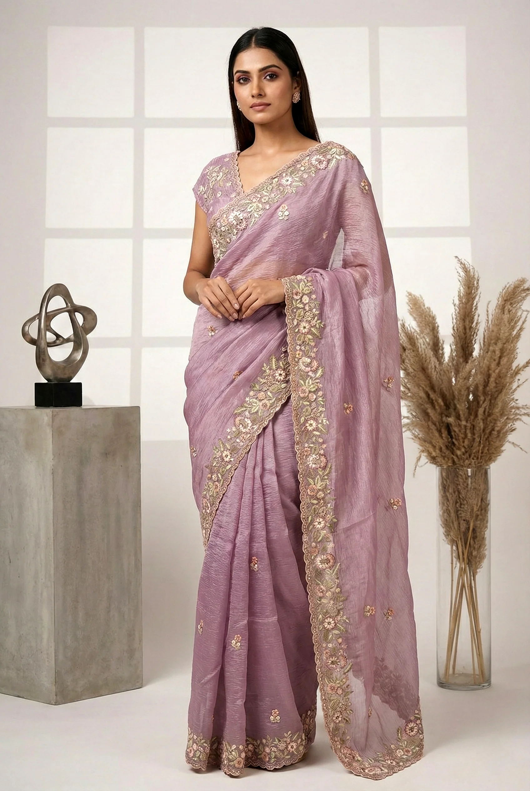 Purple Georgette Floral Hand Embroidered Saree