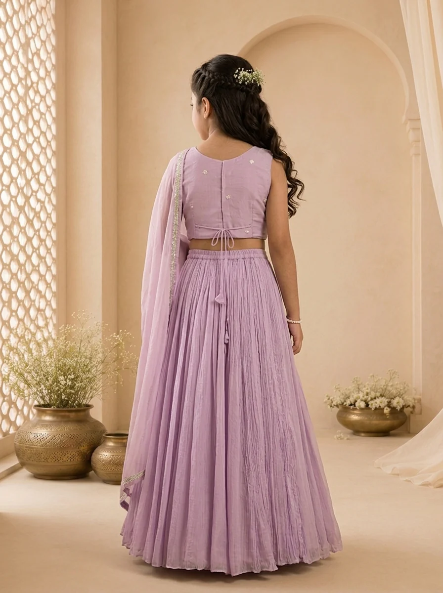 Purple Georgette Scallop Hem Embroidered Ghagra Set - Image 2