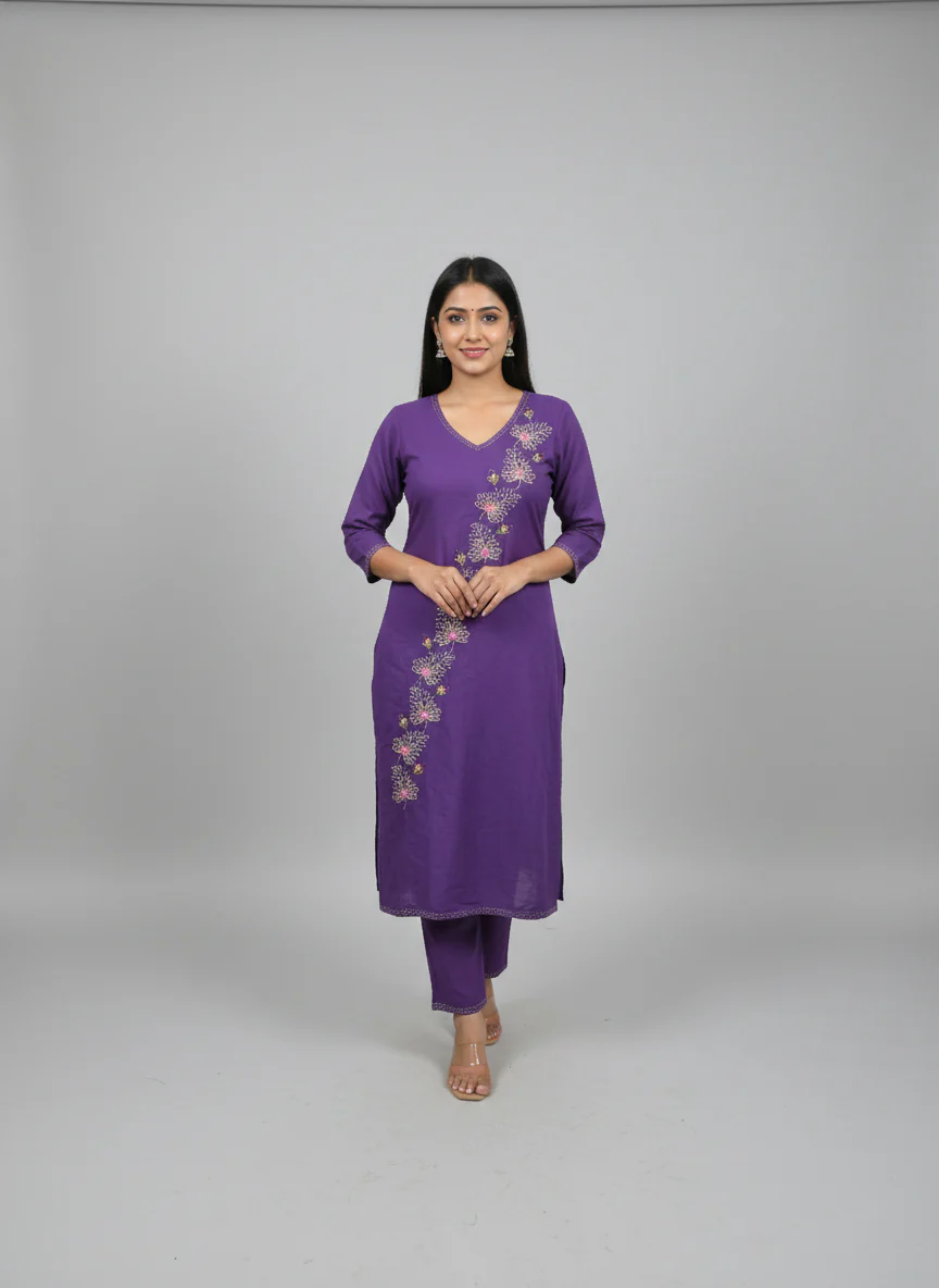 Purple Linen Floral Hand Embroidered Two Piece Set - Image 3