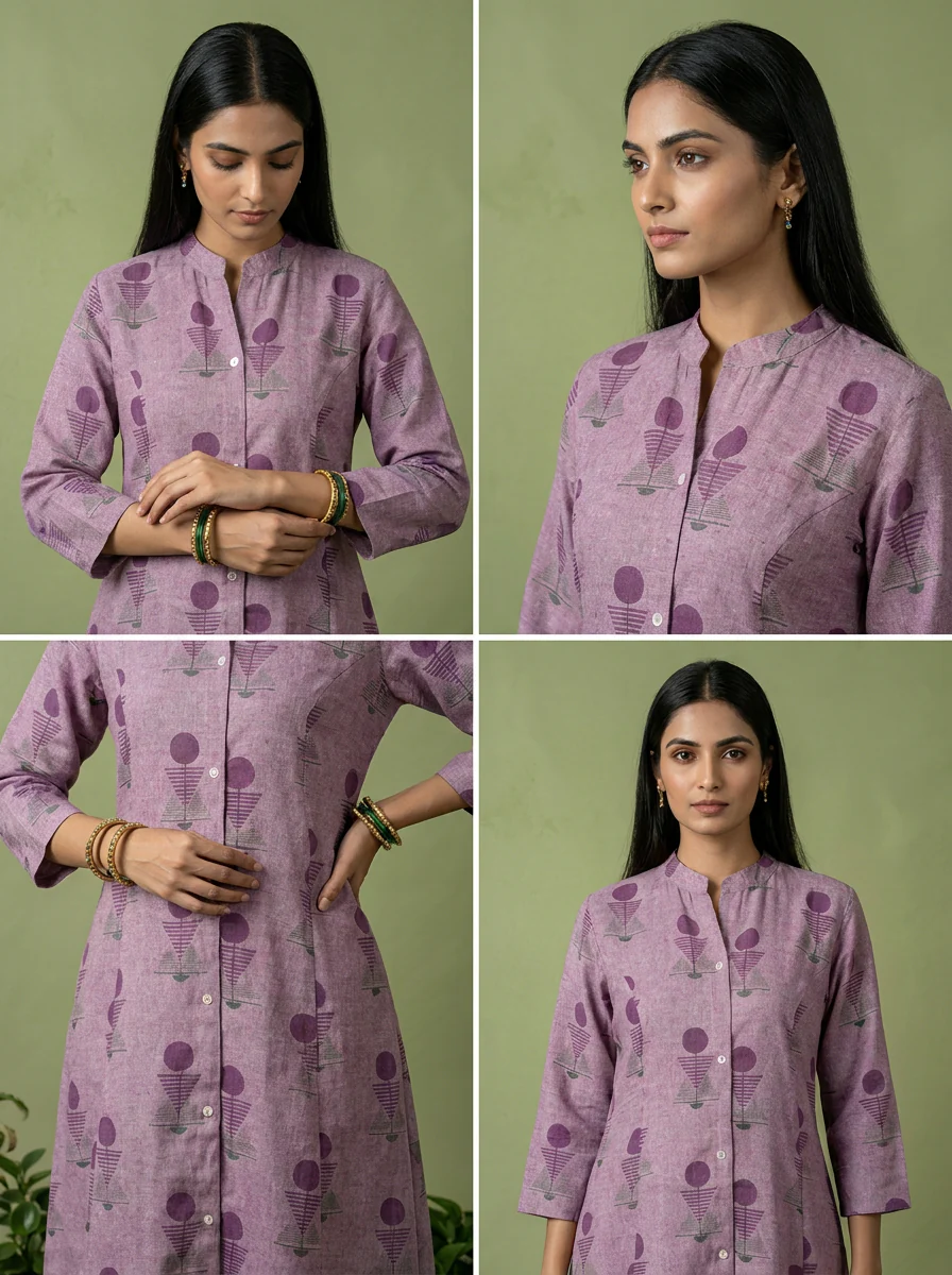 Purple Linen Hand Block Printed Two Piece Set - Image 5