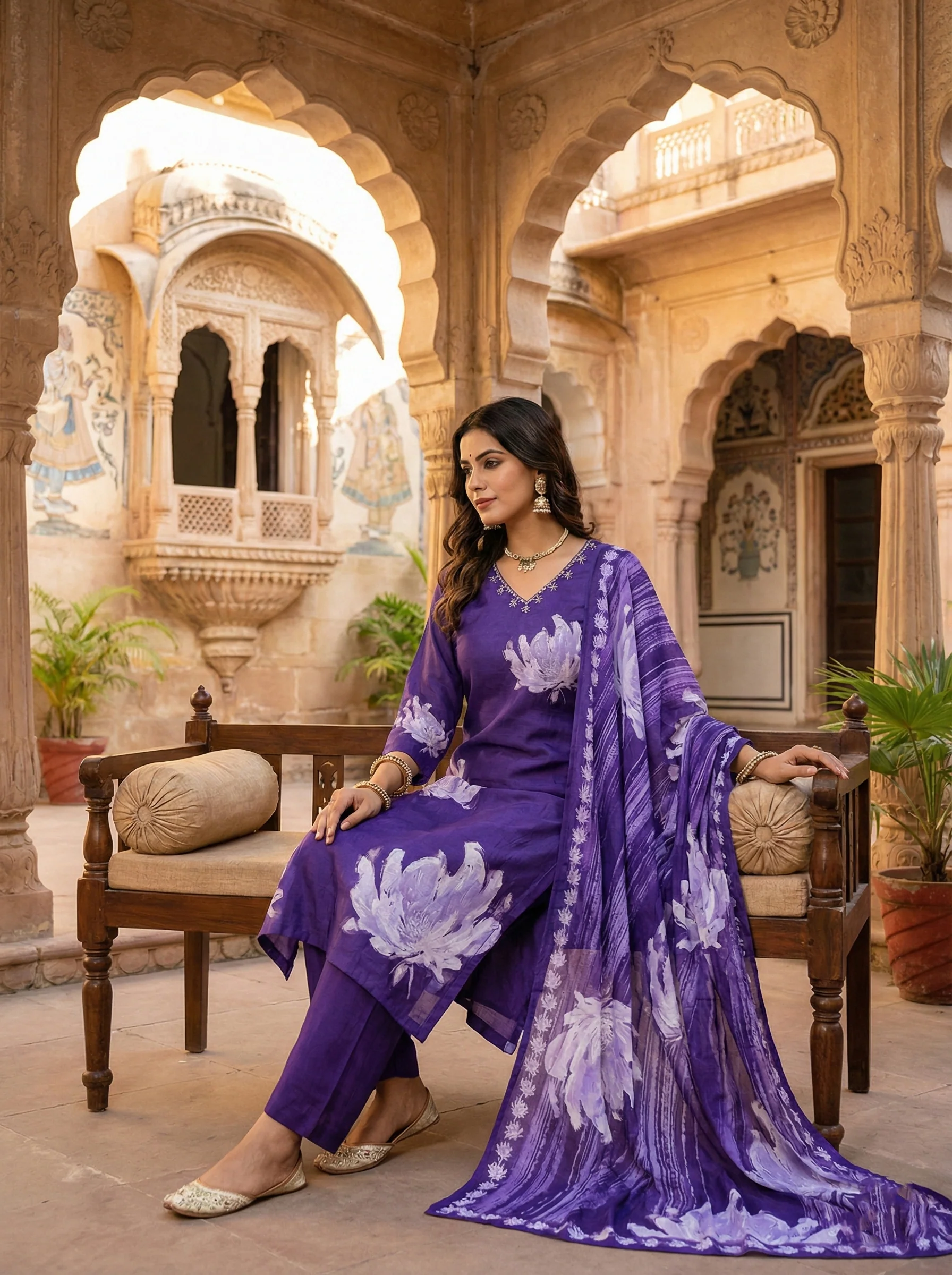 Purple Muslin Floral Printed Three Piece Set - Image 3