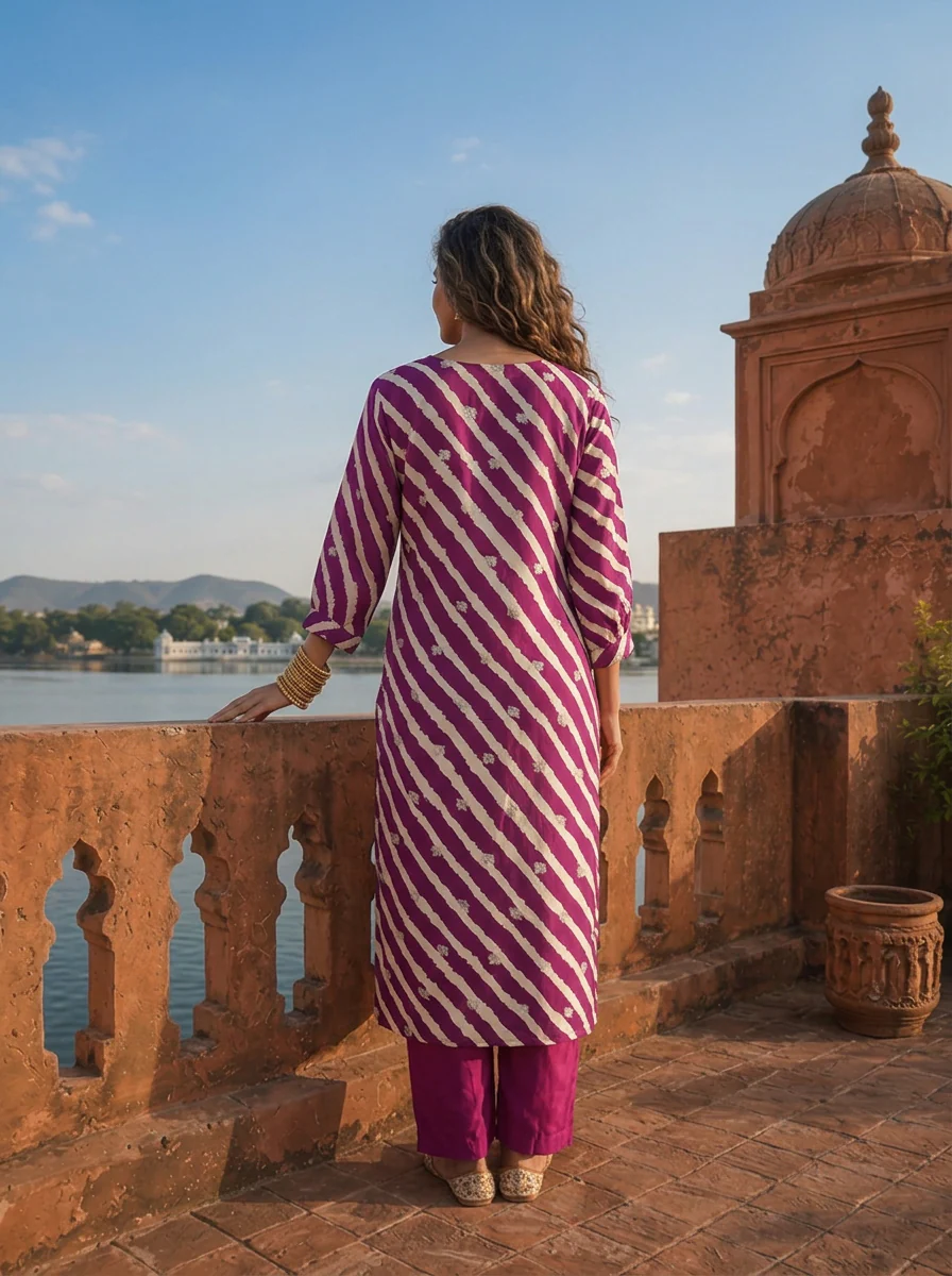 Purple Muslin Floral Zari Embroidery And Leheriya Printed Two Piece Set - Image 2