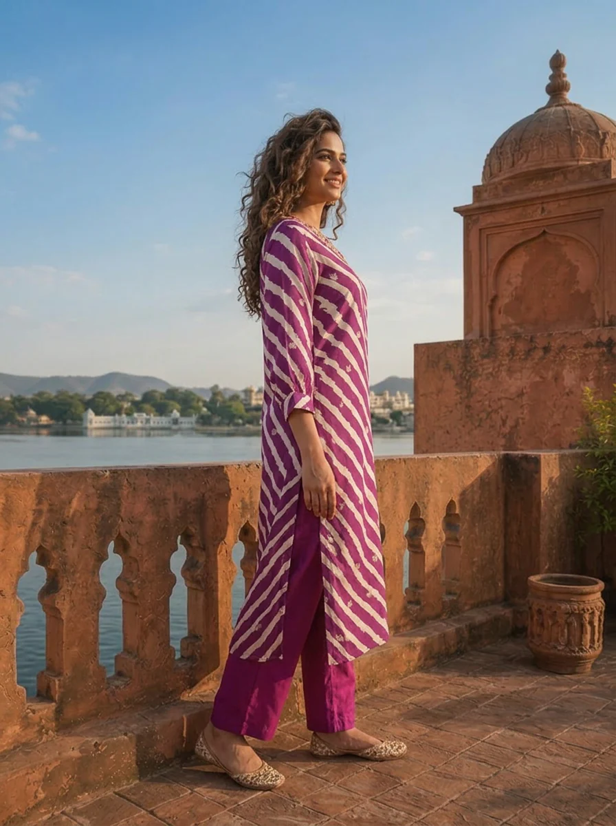 Purple Muslin Floral Zari Embroidery And Leheriya Printed Two Piece Set - Image 3