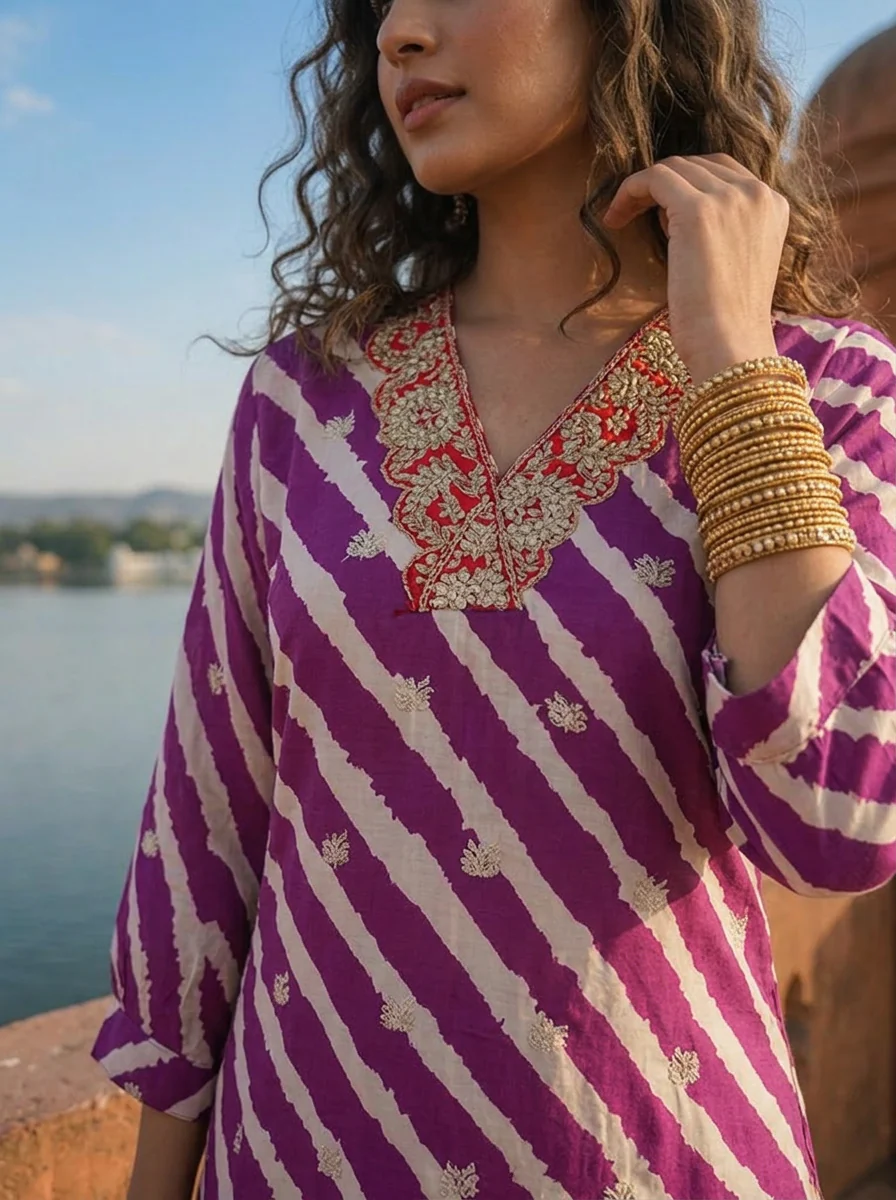 Purple Muslin Floral Zari Embroidery And Leheriya Printed Two Piece Set - Image 4