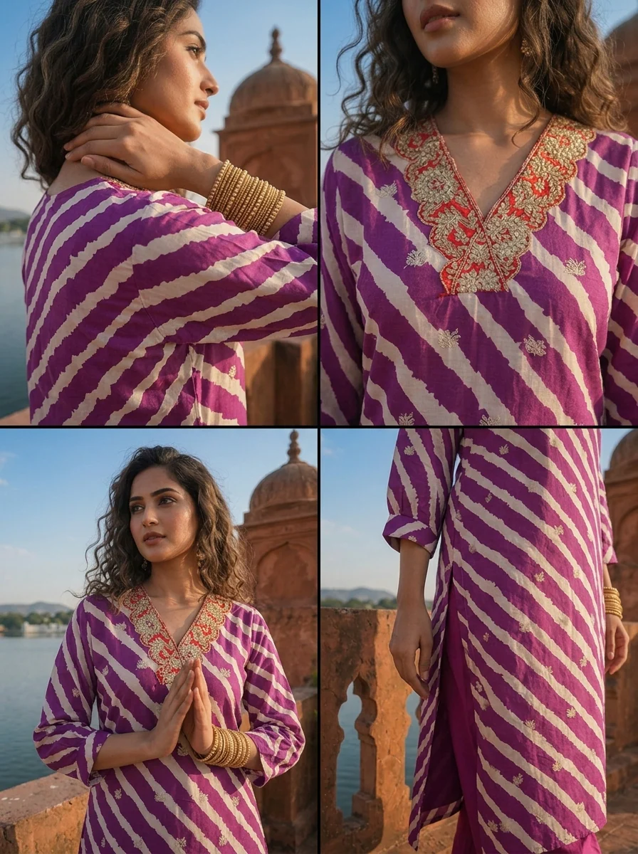 Purple Muslin Floral Zari Embroidery And Leheriya Printed Two Piece Set - Image 5