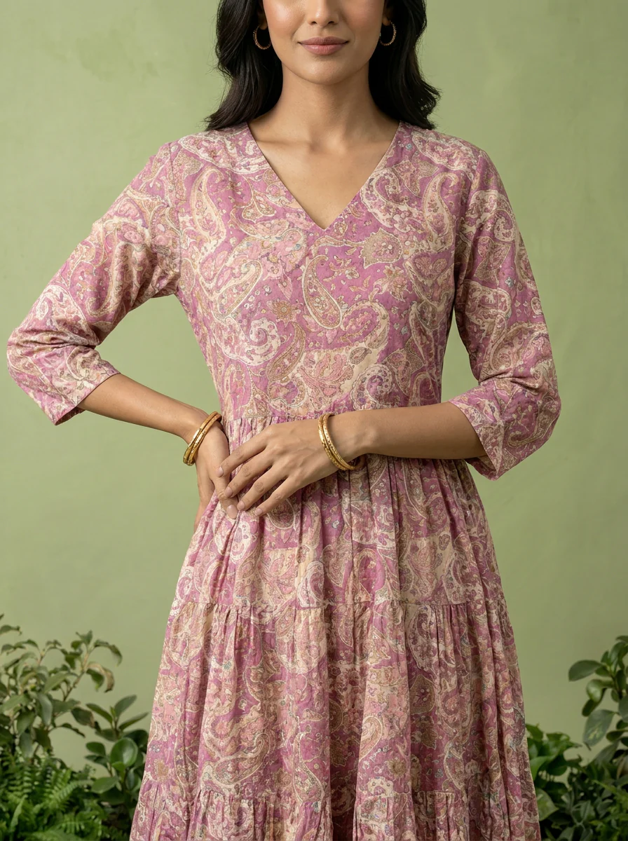 Purple Muslin Paisley Printed Dress - Image 4
