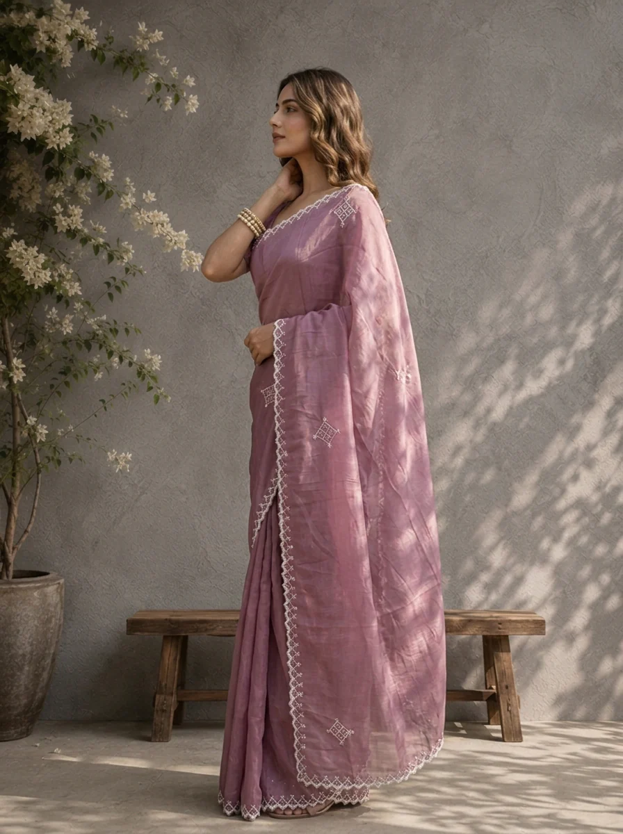 Purple Organza Geometric Thread Embroidered Saree - Image 2