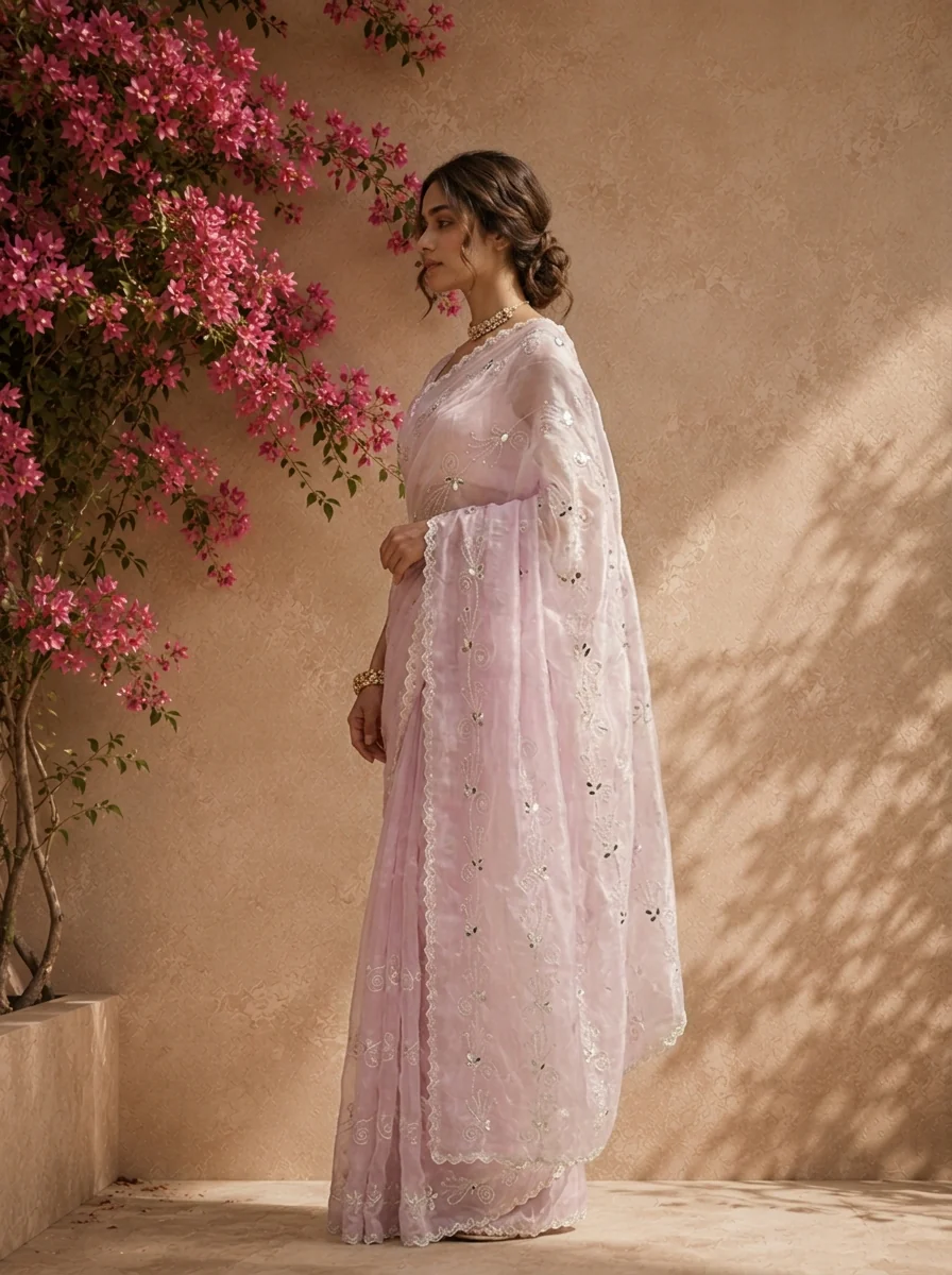 Purple Organza Scattered Mirror Butis Embroidered Saree - Image 2