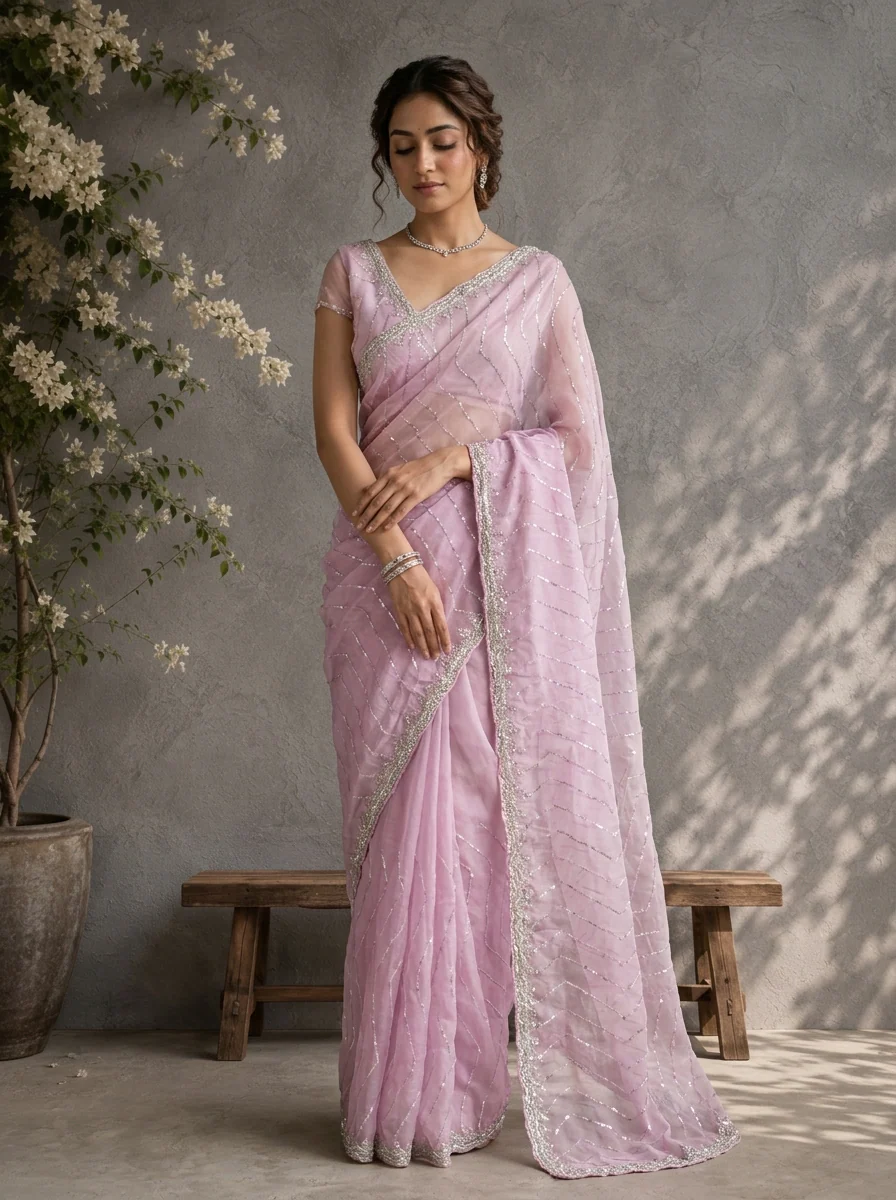 Purple Organza Sequin Embroidered Saree