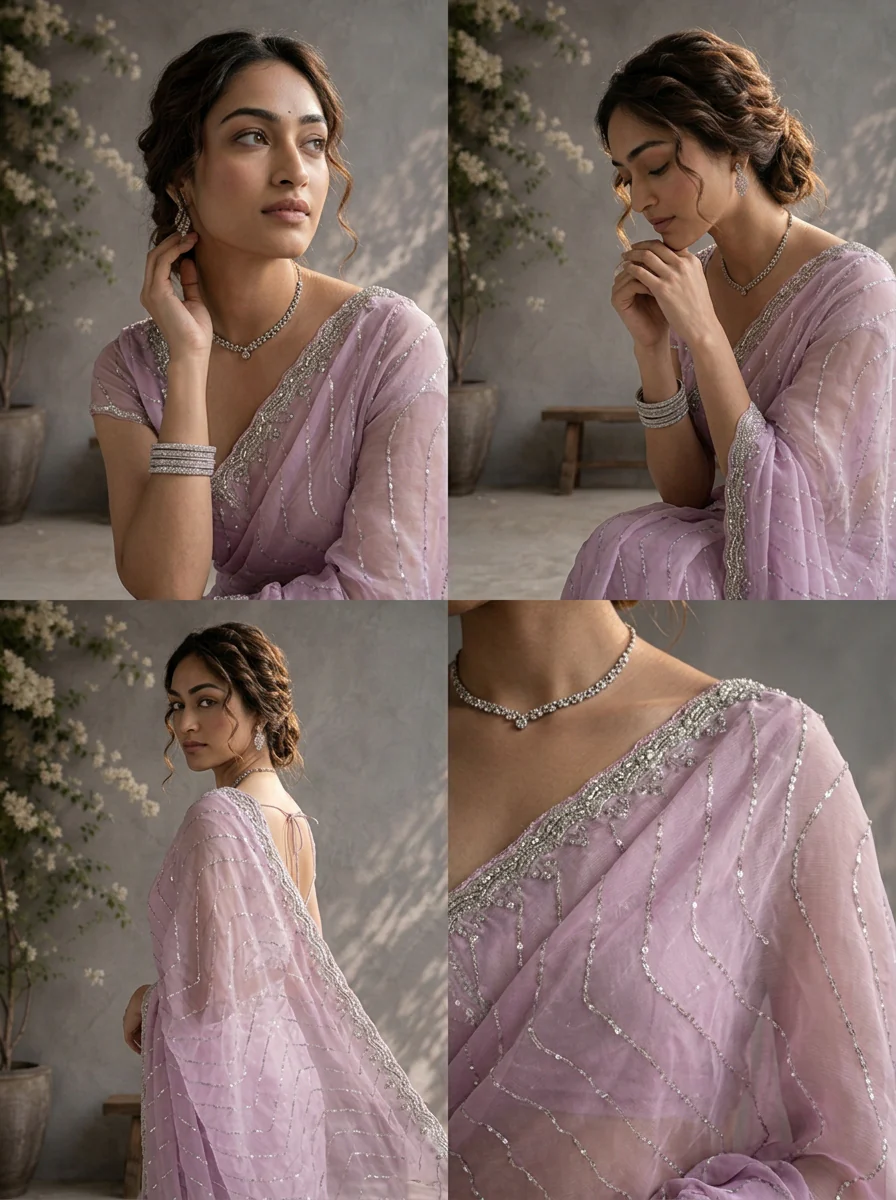 Purple Organza Sequin Embroidered Saree - Image 4