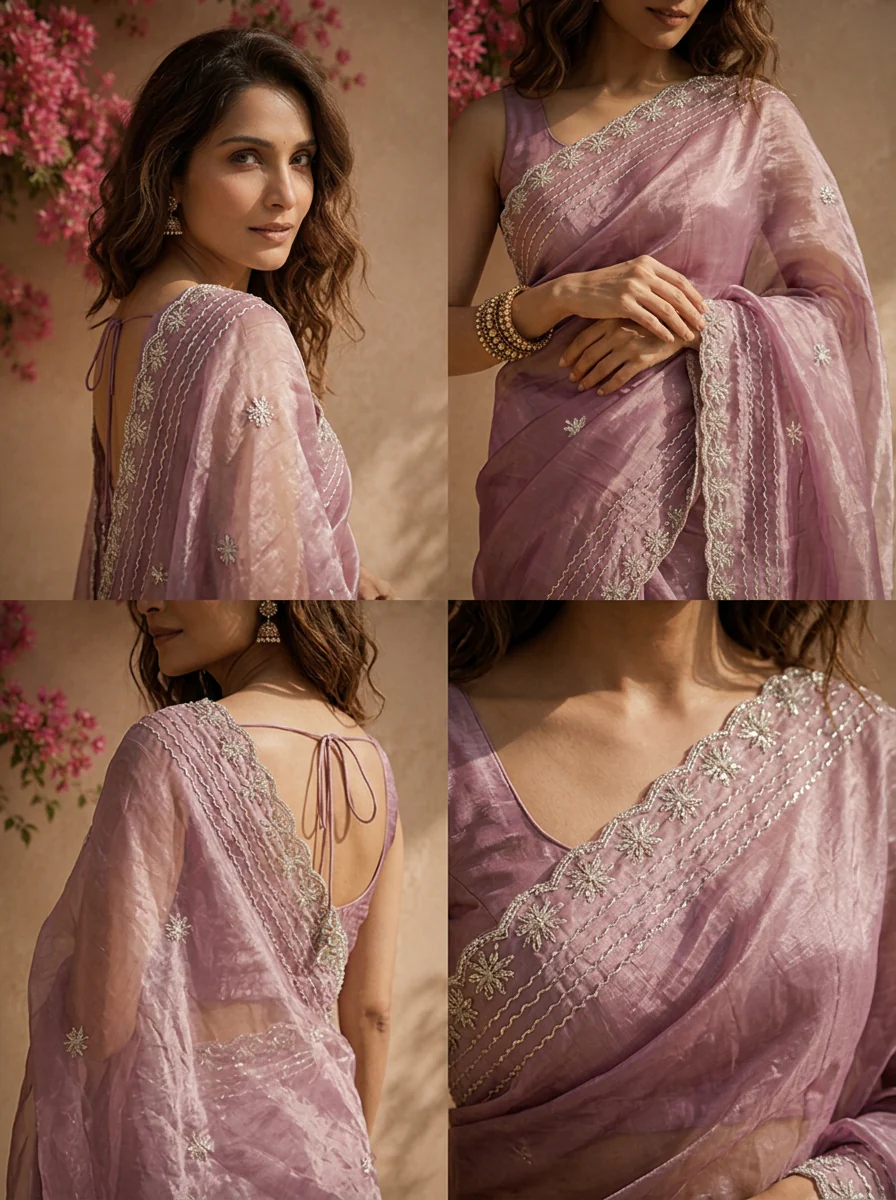 Purple Organza Solid Saree with Floral Zari Border - Image 4