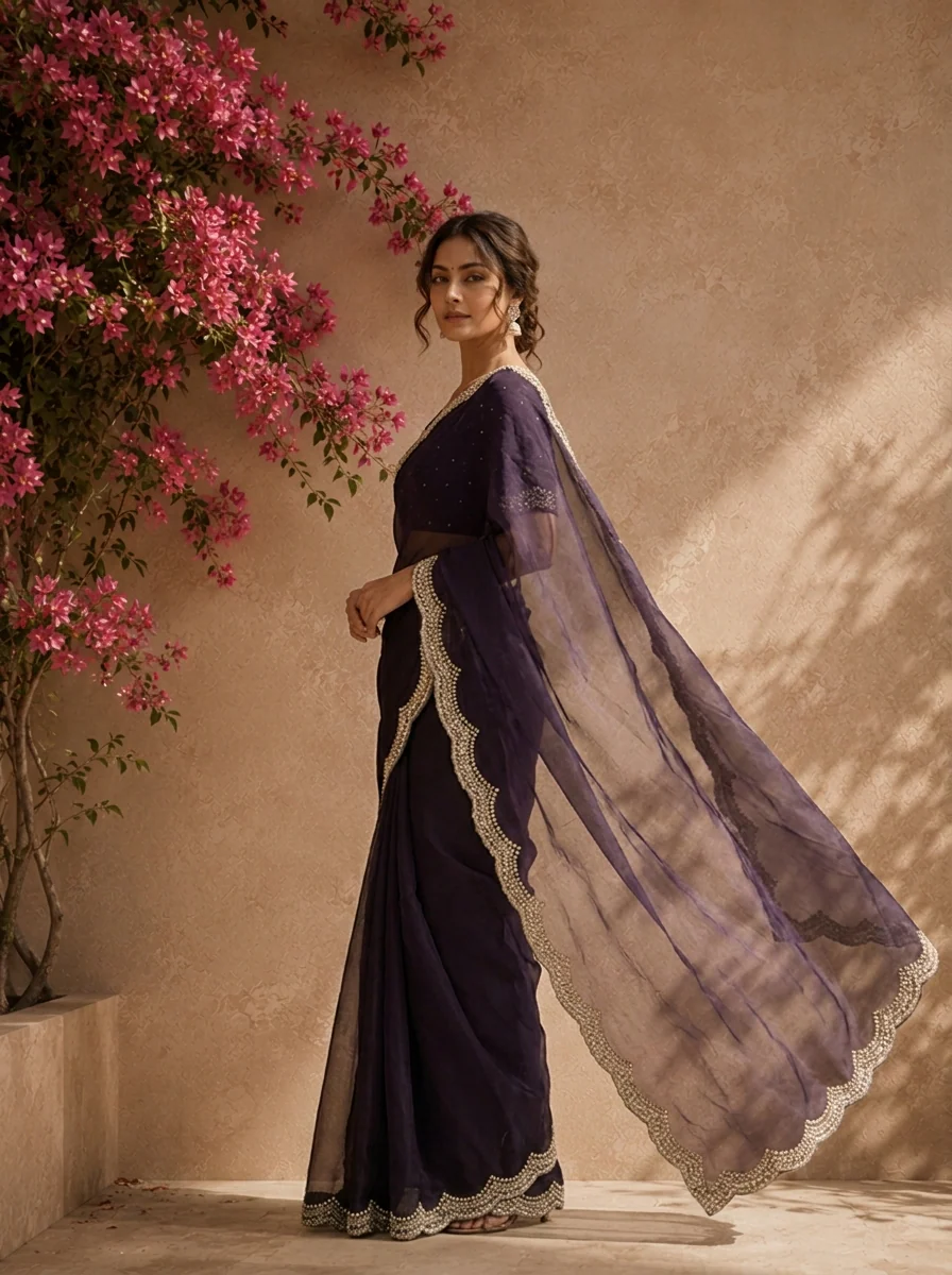 Purple Organza Solid Saree With Heavy Scallop Stone And Bead Border - Image 2
