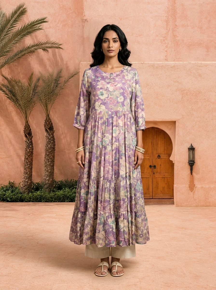 Purple Printed And Hand Embroidery Muslin Long Dress