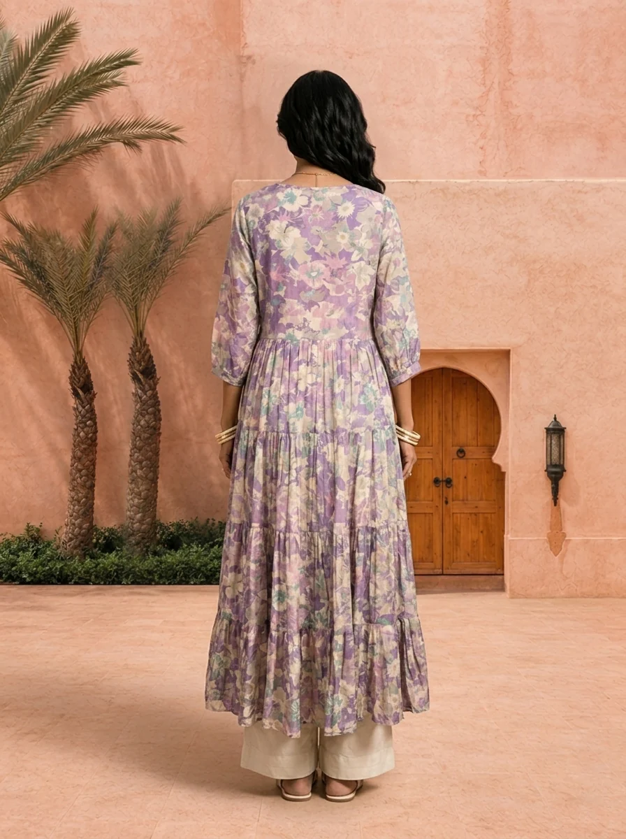 Purple Printed And Hand Embroidery Muslin Long Dress - Image 2