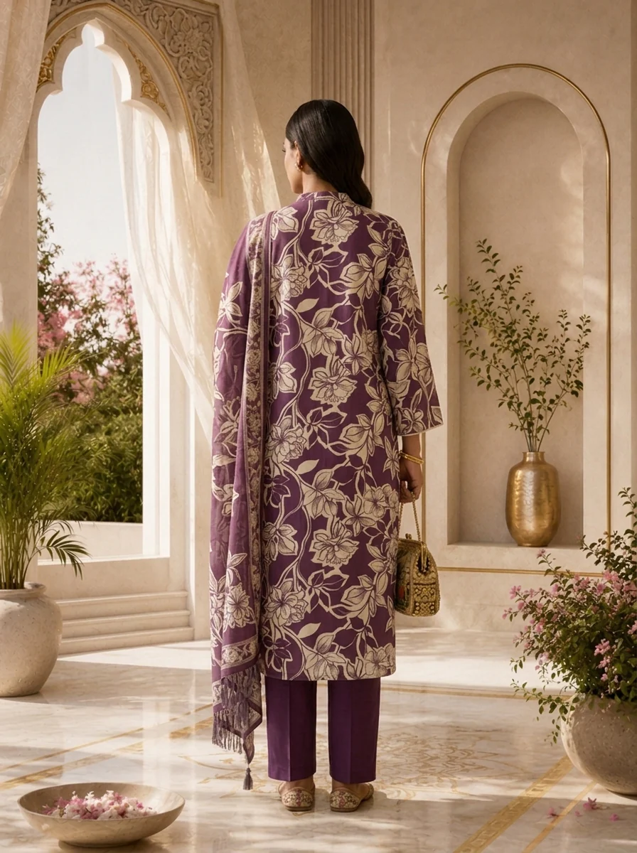 Purple Printed And Sequins Embroidery Rayon Three Piece Set - Image 2