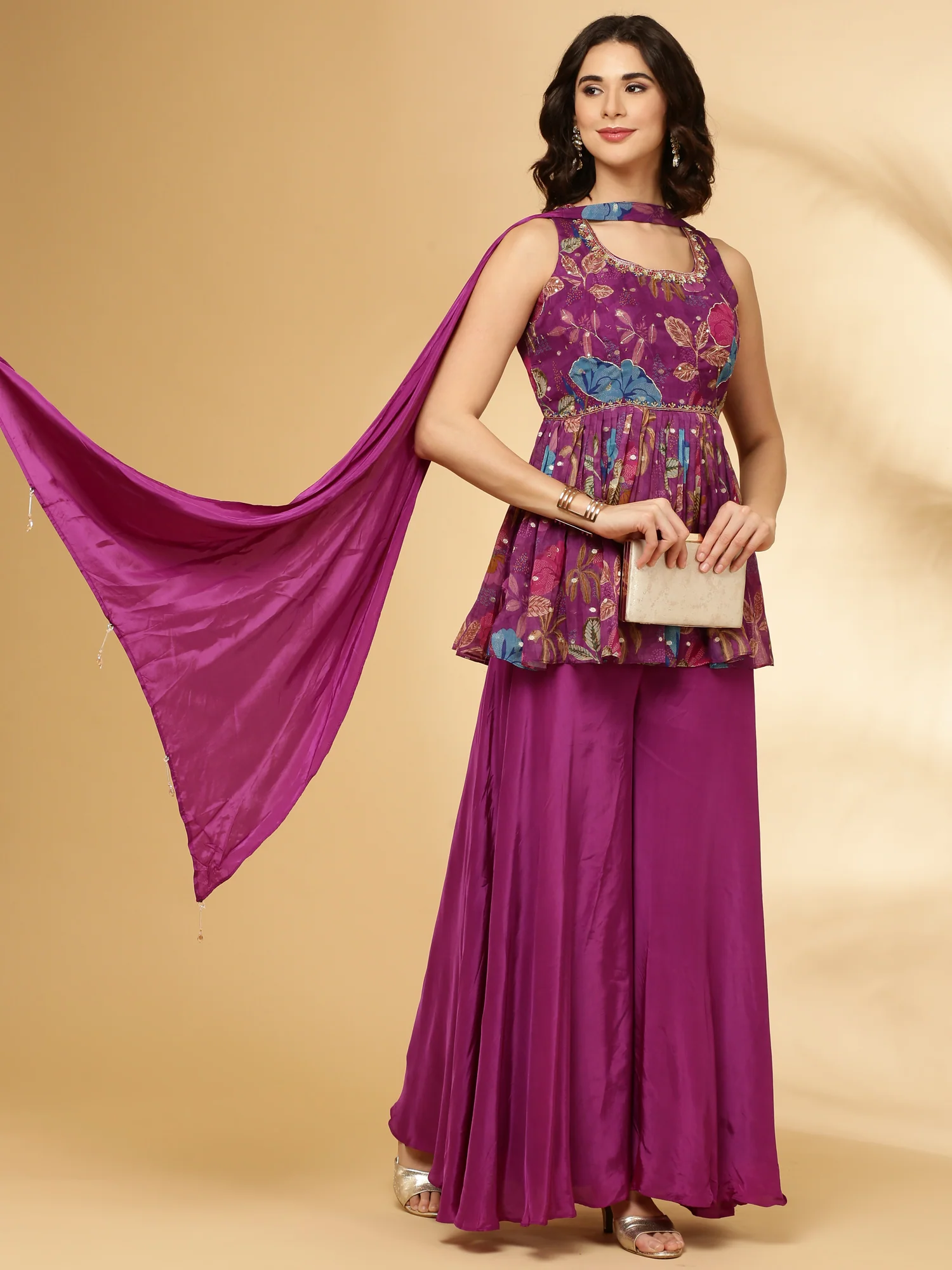 Purple Printed Organza Palazzo Set - Image 3