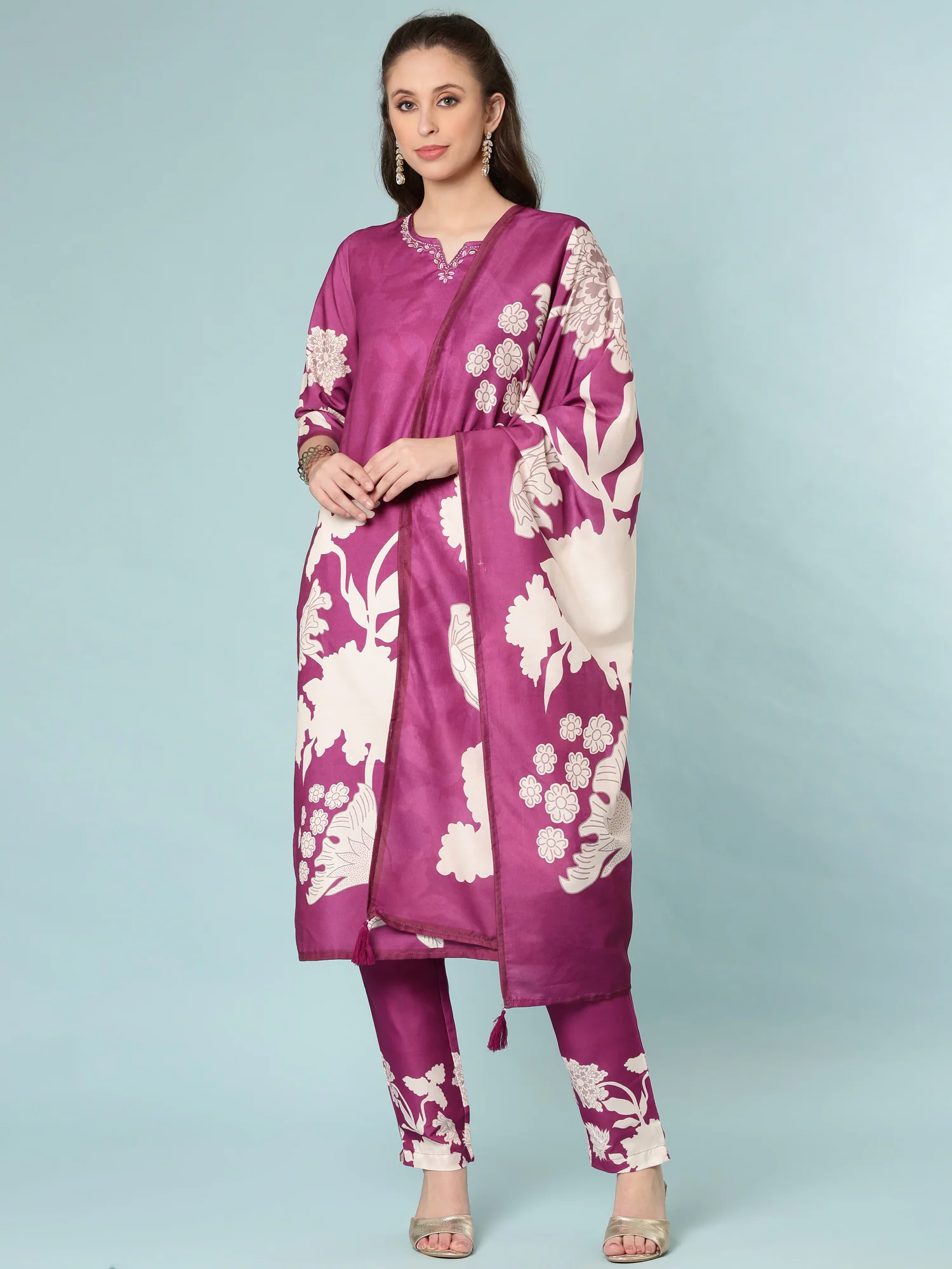 Purple Rayon Digital Print Three Piece Set