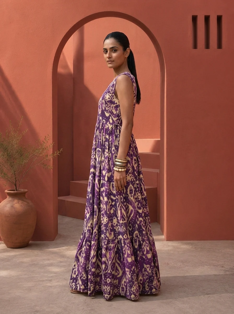 Purple Rayon Ikat Digital Printed Dress - Image 3