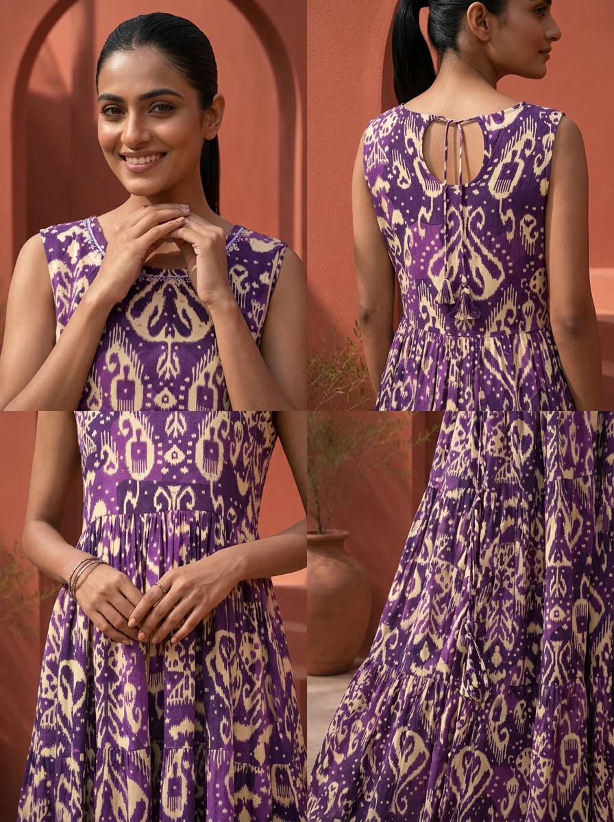 Purple Rayon Ikat Digital Printed Dress - Image 5