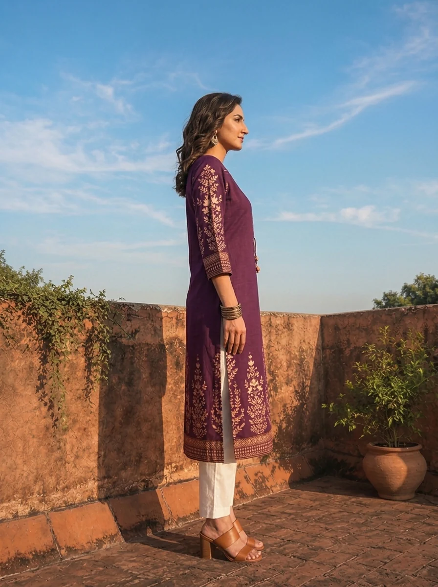 Purple Rayon Floral Motifs Printed Kurta - Image 3