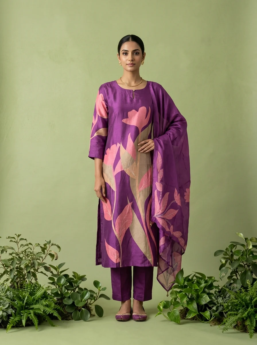 Purple Silk Floral Digital Printed Three Piece Set - Image 2