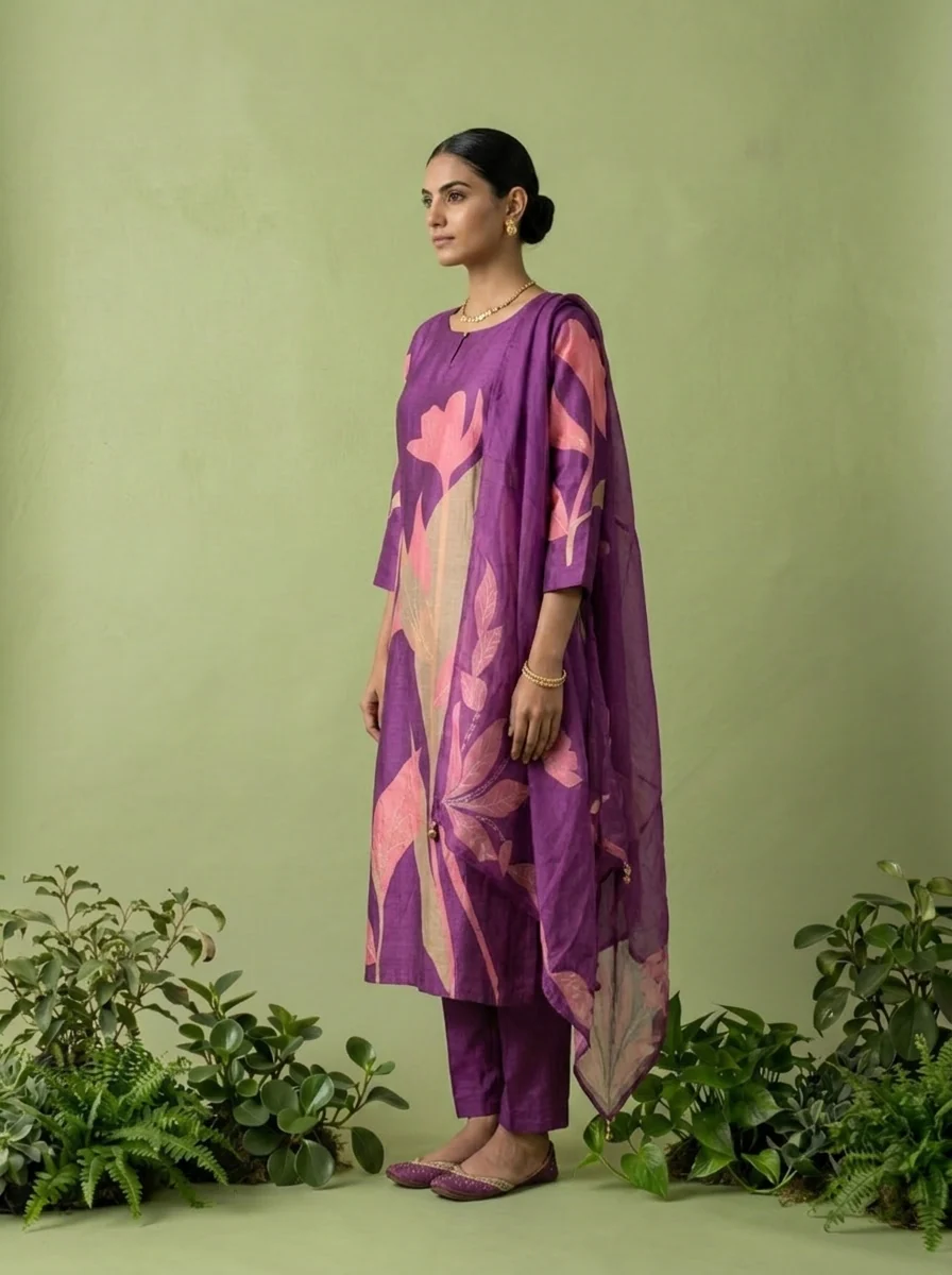 Purple Silk Floral Digital Printed Three Piece Set - Image 3