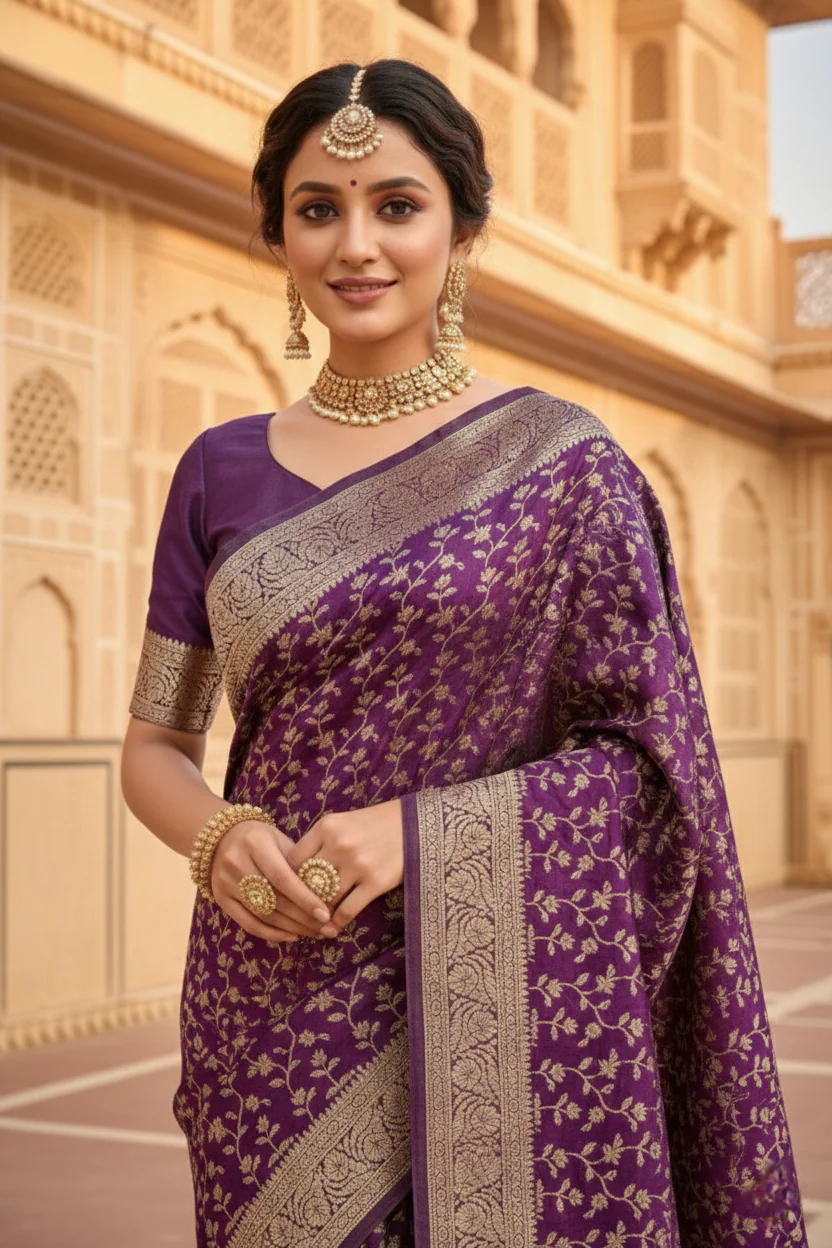 Purple Silk Floral Printed Pattu Saree - Image 2