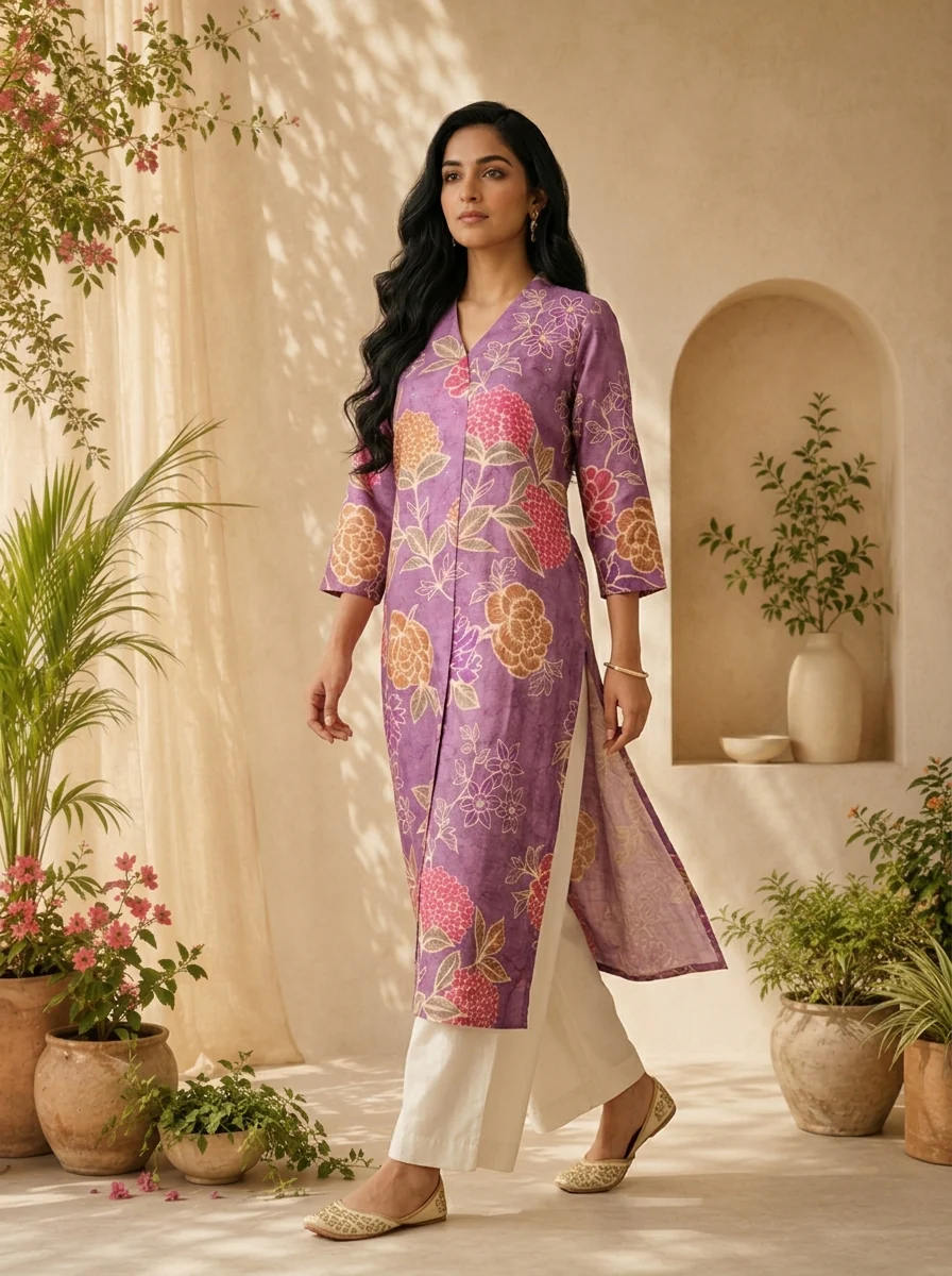 Purple Silk Heavy Floral Digital Printed Kurta - Image 3