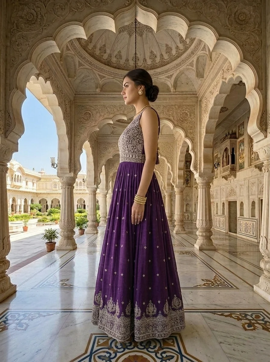 Purple Silk Stone And Aari Embroidered Anarkali Set - Image 2