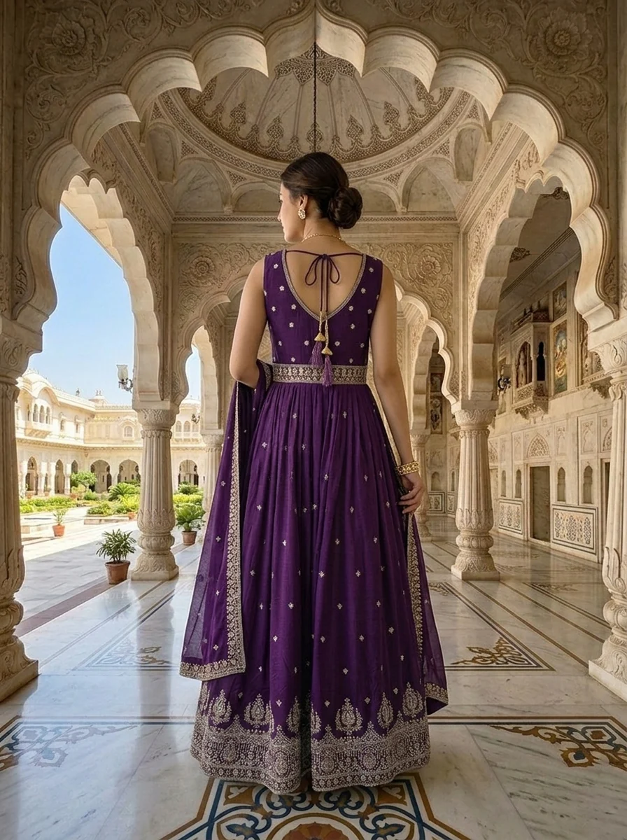 Purple Silk Stone And Aari Embroidered Anarkali Set - Image 3