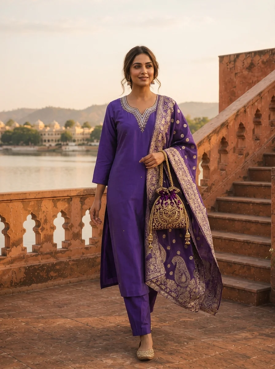 Purple Silk Stone Embroidered Three Piece Set