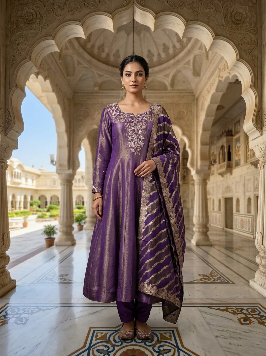 Purple Tissue Floral Beads Embroidered Three Piece Set