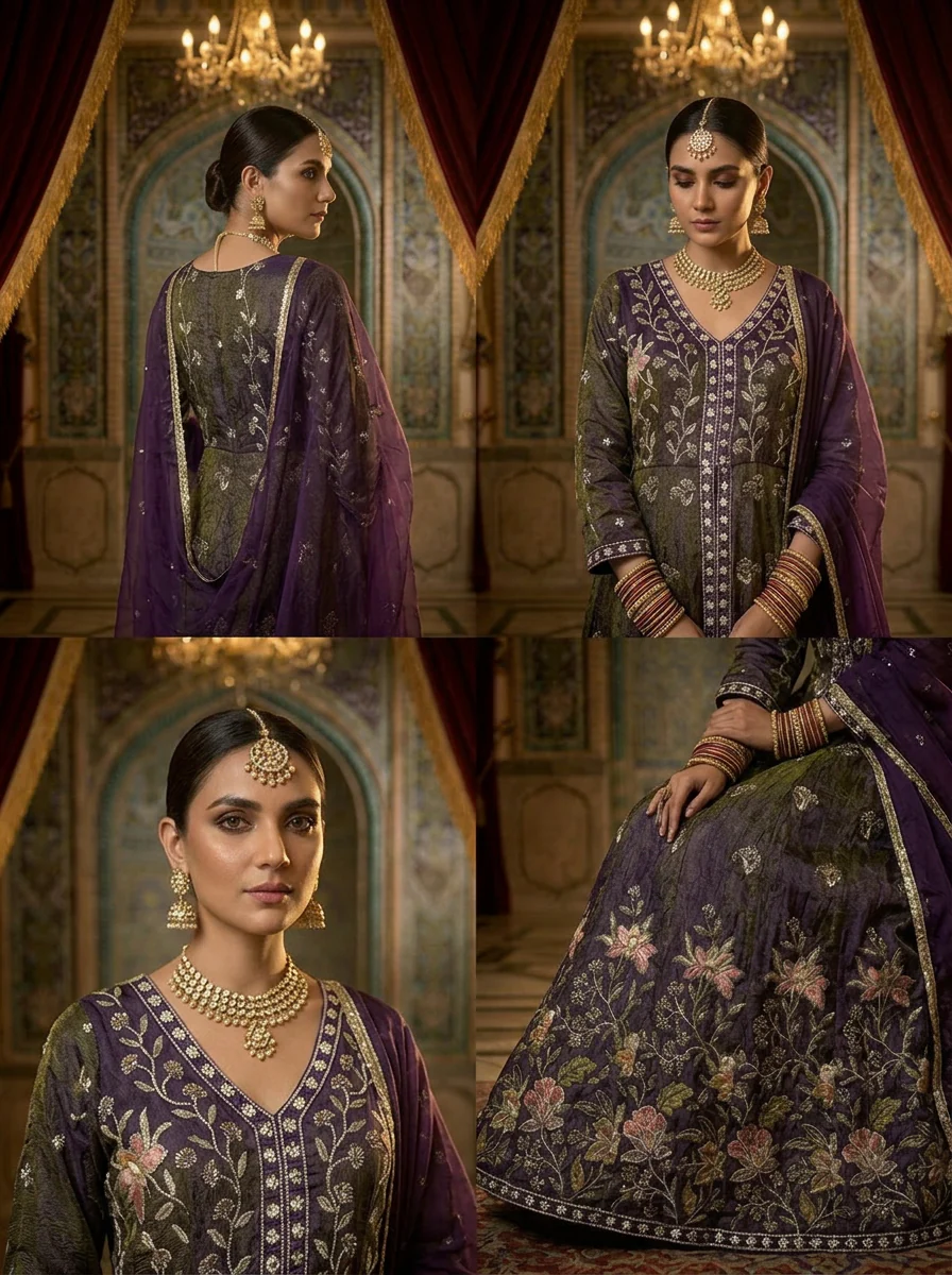 Purple Tissue Hand Embroidery Anarkali Set - Image 3