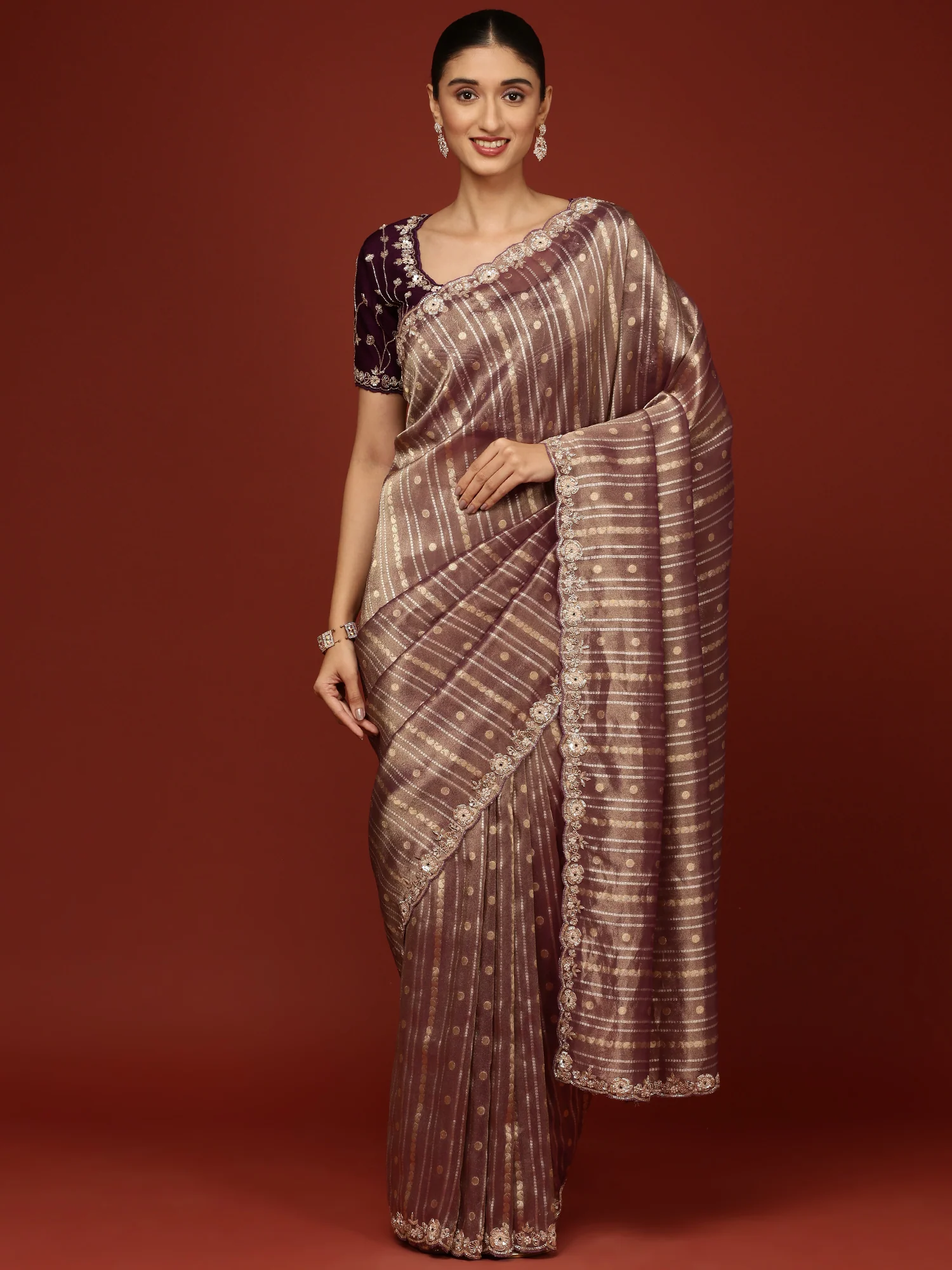 Purple Tissue Weaved Saree With Stone Work Readymade Blouse - Image 4