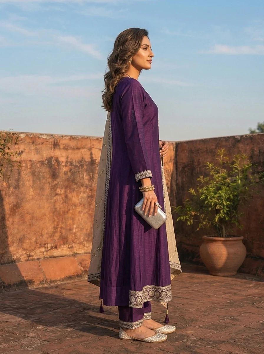 Purple Vichitra Silk Geometric Zari Embroidery Three Piece Set - Image 3