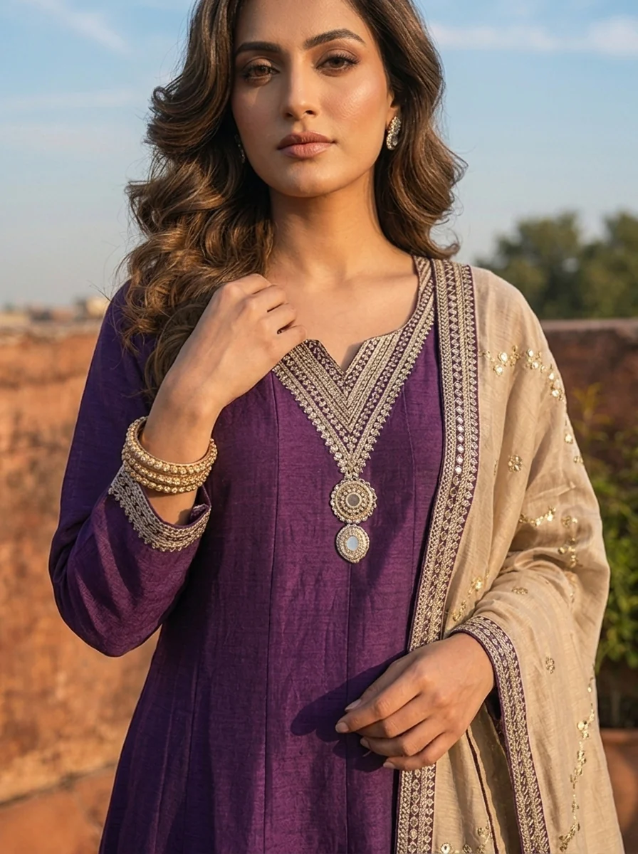 Purple Vichitra Silk Geometric Zari Embroidery Three Piece Set - Image 4