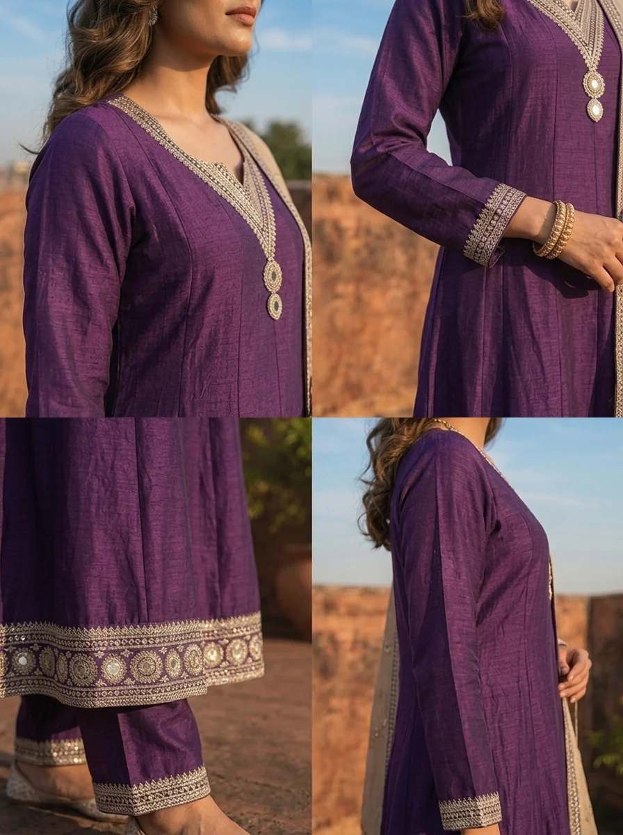Purple Vichitra Silk Geometric Zari Embroidery Three Piece Set - Image 5