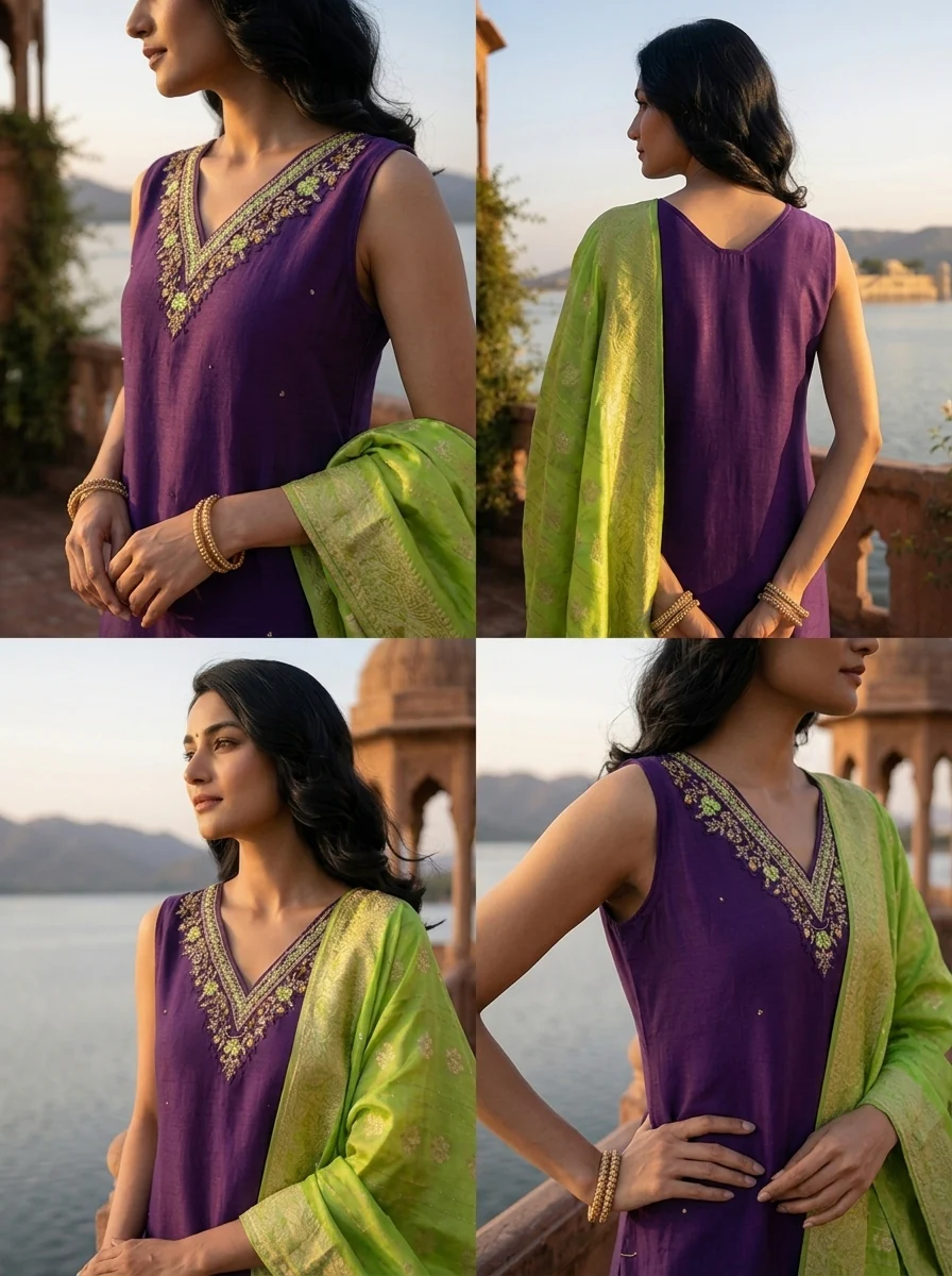 Purple Vichitra Silk Intricate Hand Embroidery Three Piece Set - Image 5