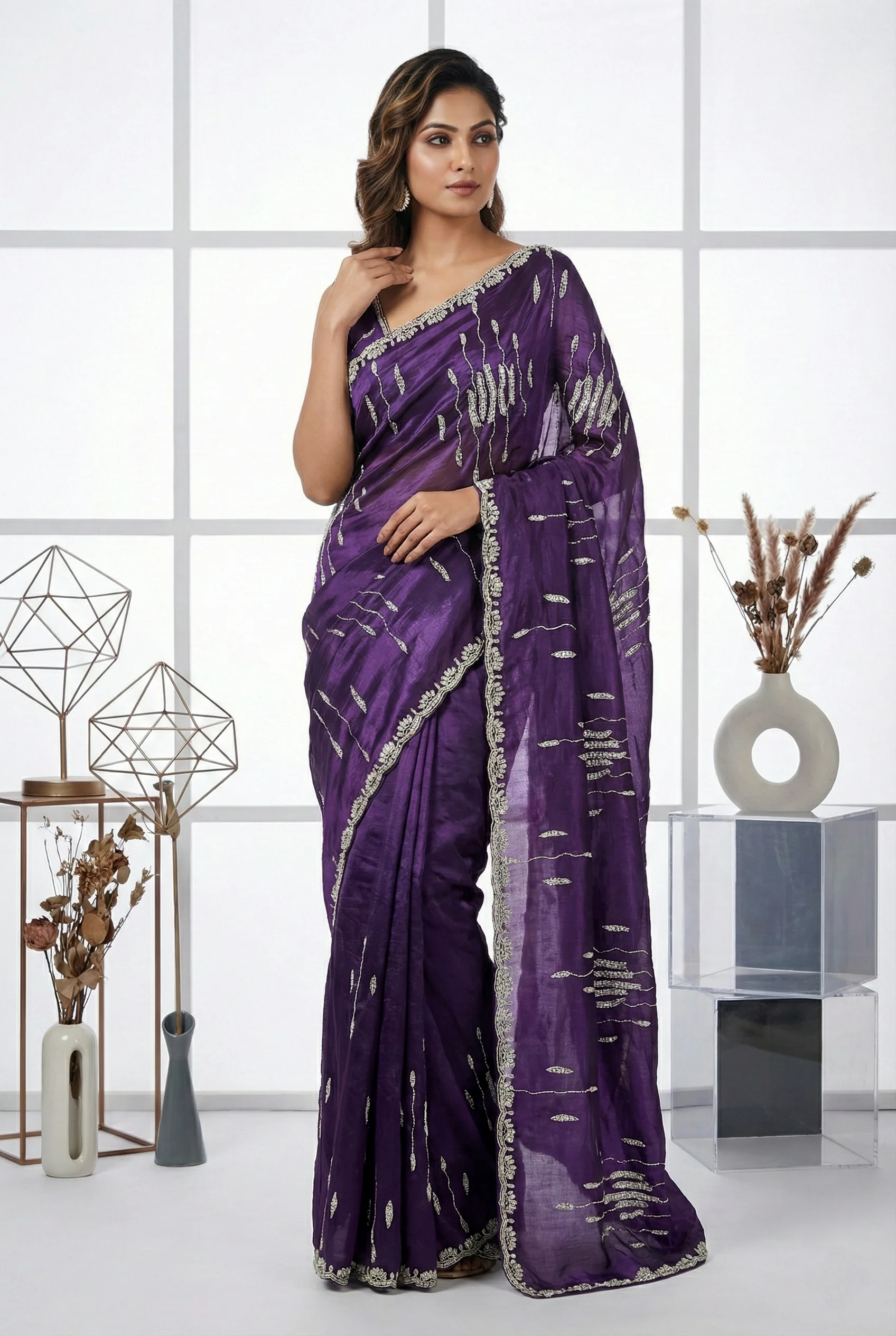 Purple Zari Hand Embroidery Saree