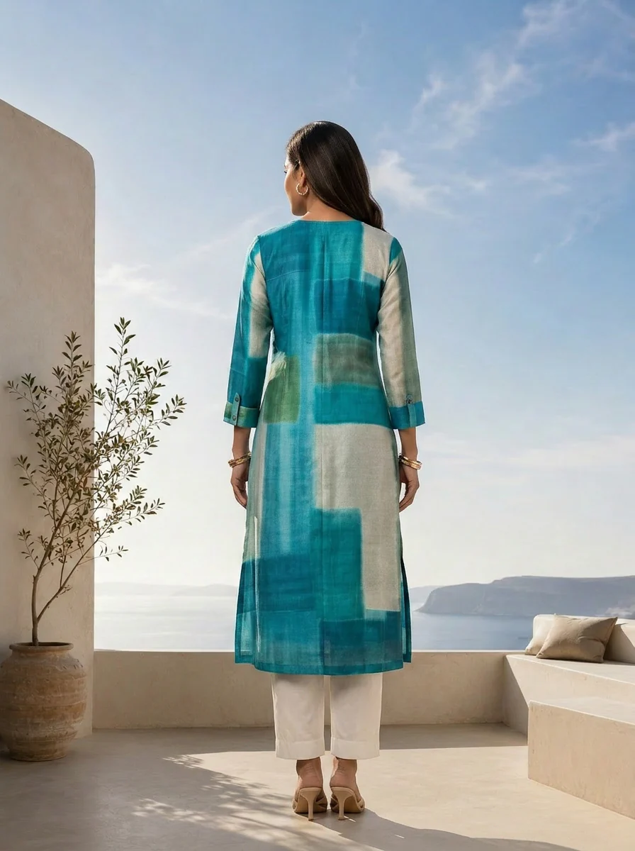 Rama Color Block Printed Silk A-Line Kurta - Image 2
