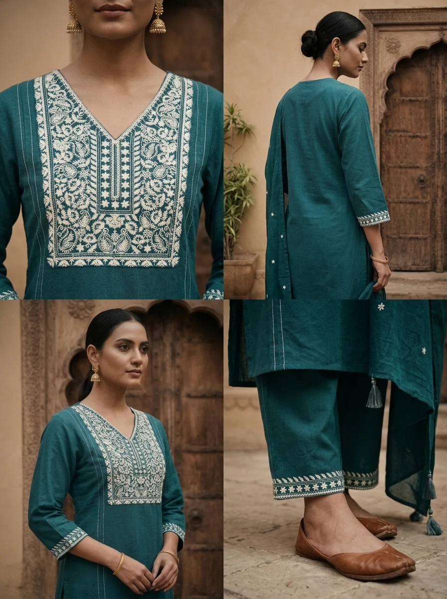 Rama Cotton Paisley And Floral Thread Embroidered Three Piece Set - Image 5