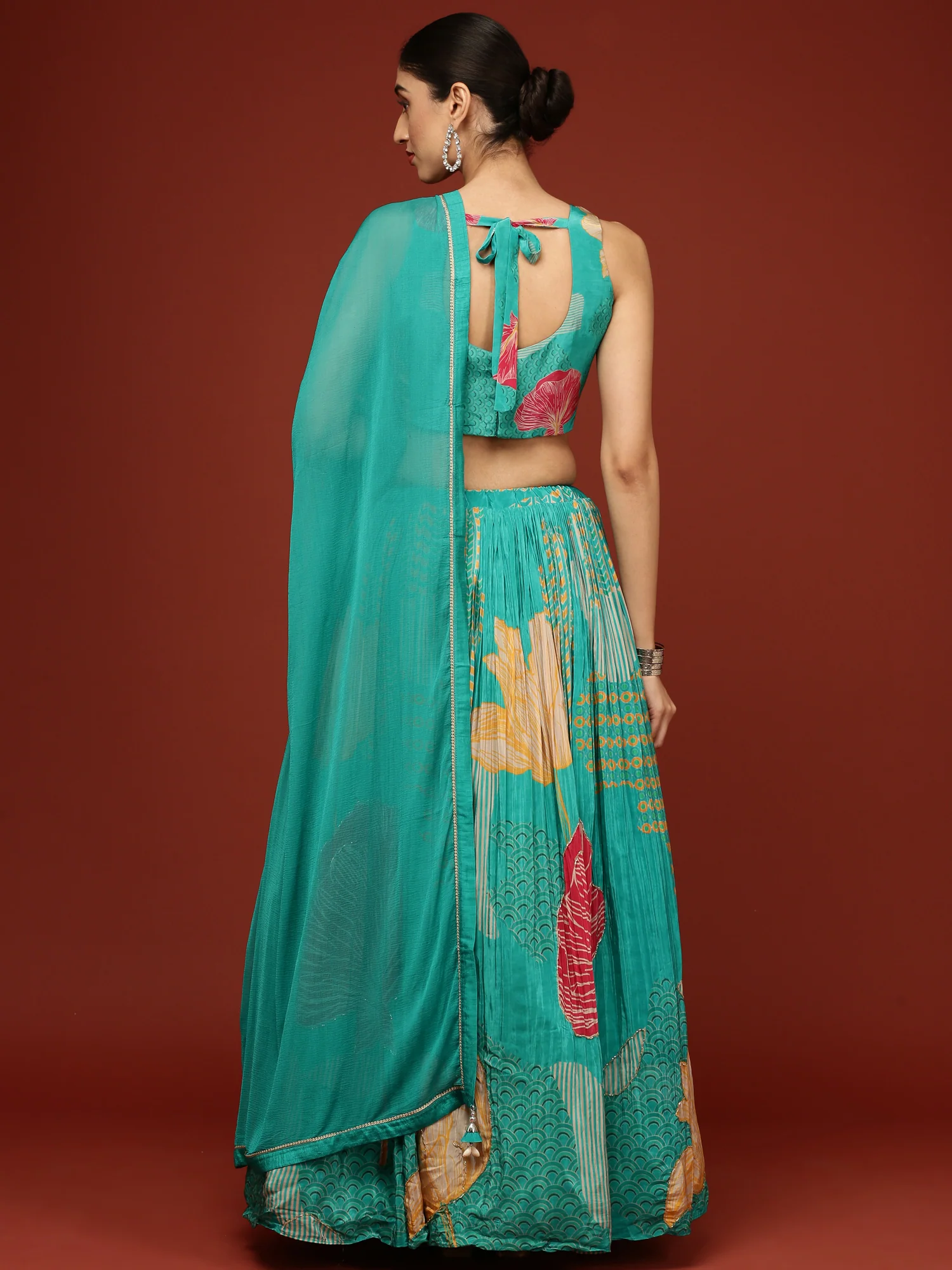 Rama Green Crepe Floral Ghagra Set - Image 3