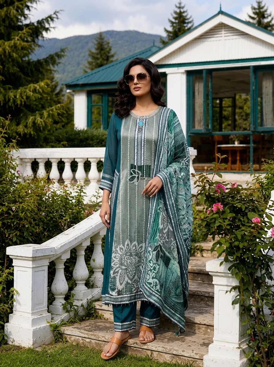 Rama Green Crepe Floral Printed Three Piece Set - Image 2