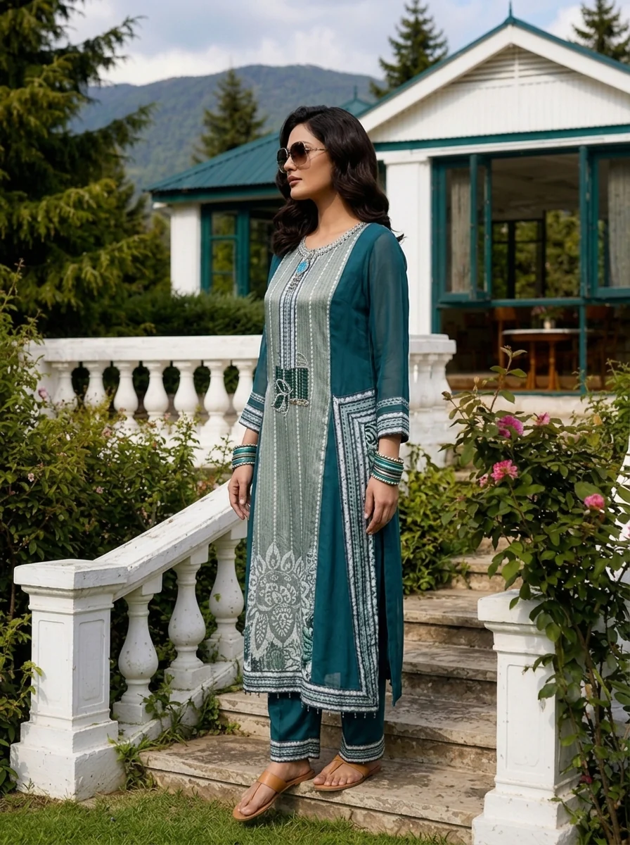 Rama Green Crepe Floral Printed Three Piece Set - Image 4