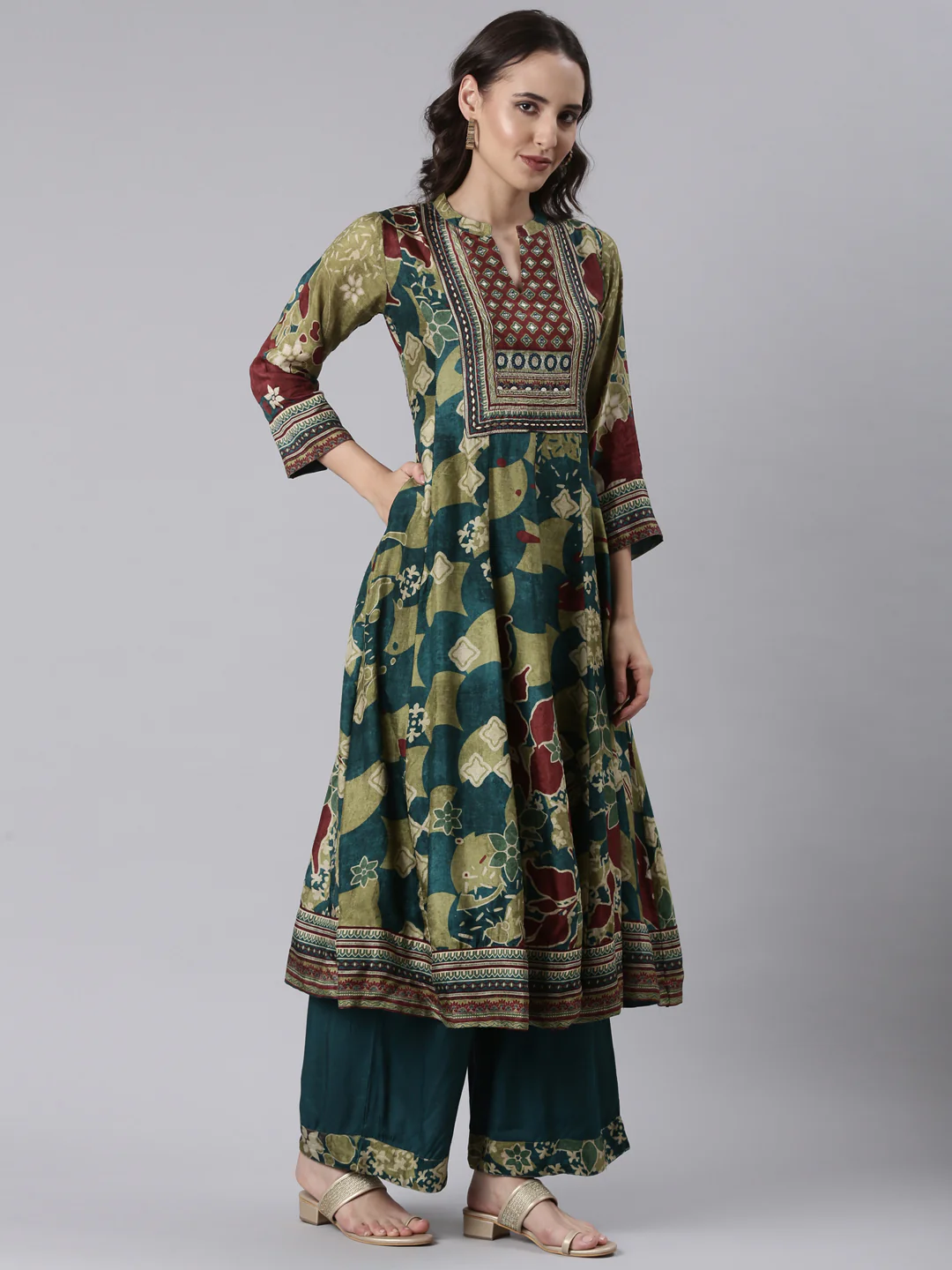 Rama Green Modal Chanderi Ajrakh Print Three Piece Set - Image 2